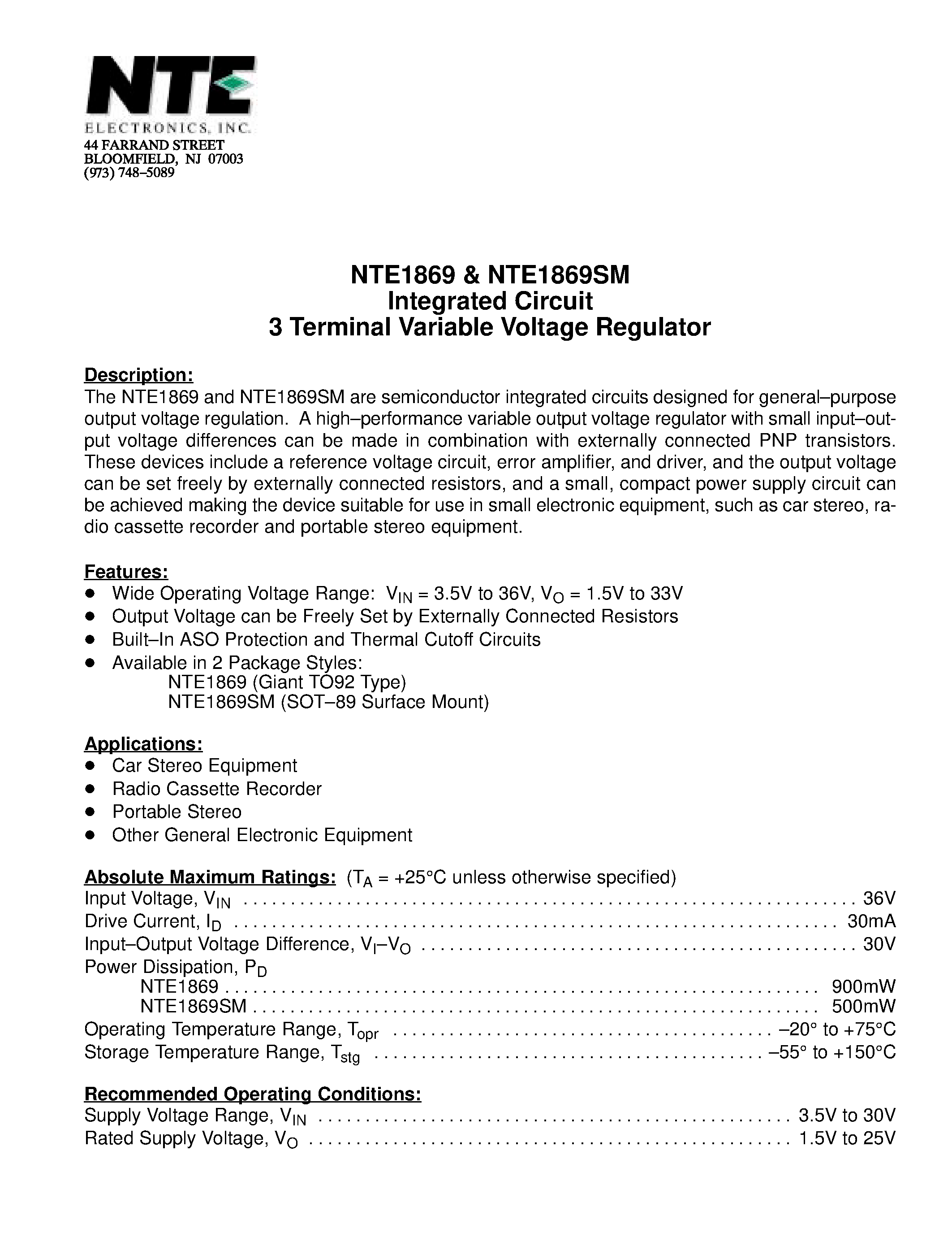 Datasheet NTE1869 - Integrated Circuit 3 Terminal Variable Voltage Regulator page 1