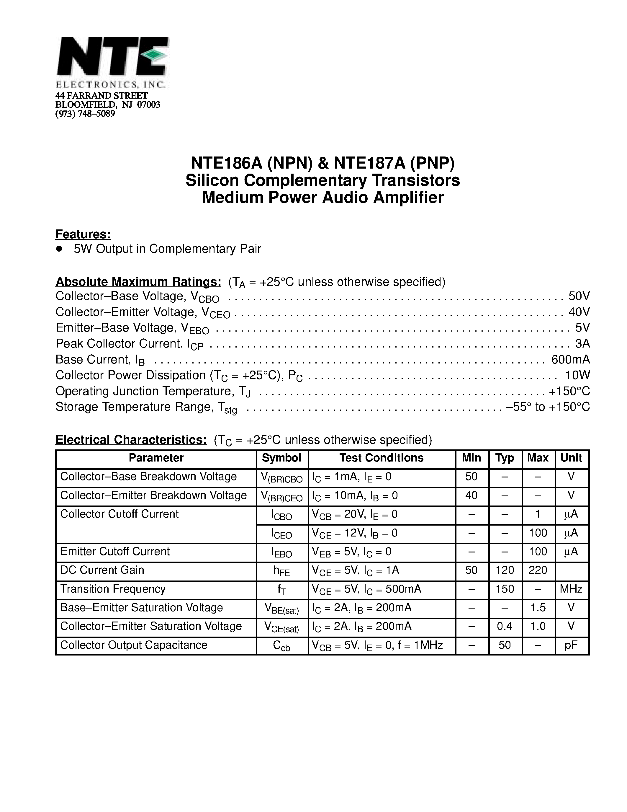 Datasheet NTE186A - Silicon Complementary Transistors Medium Power Audio Amplifier page 1