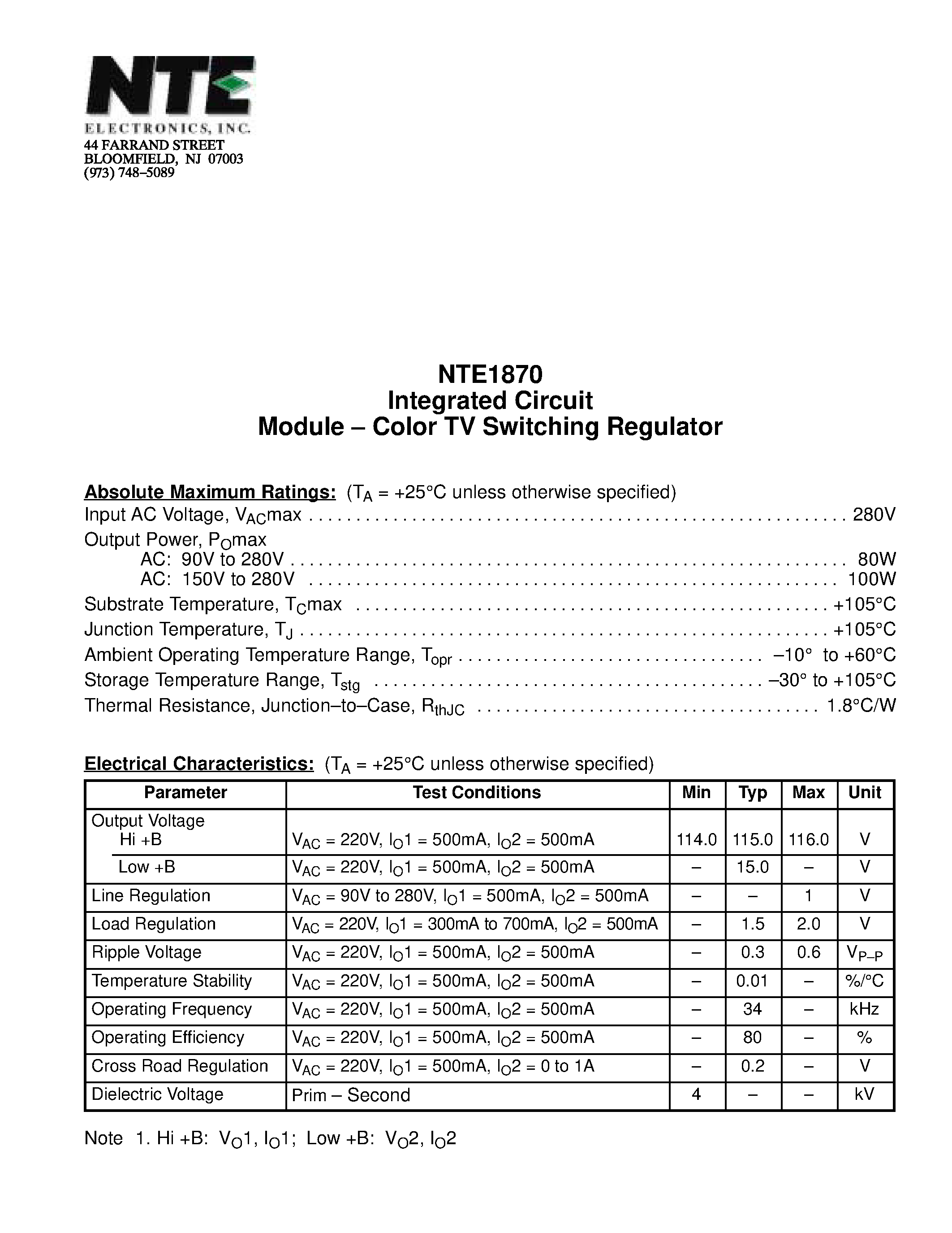 Datasheet NTE1870 page 1 Datasheet NTE1870 - Integrated Circuit Module - Color TV Switching Regulator page 1