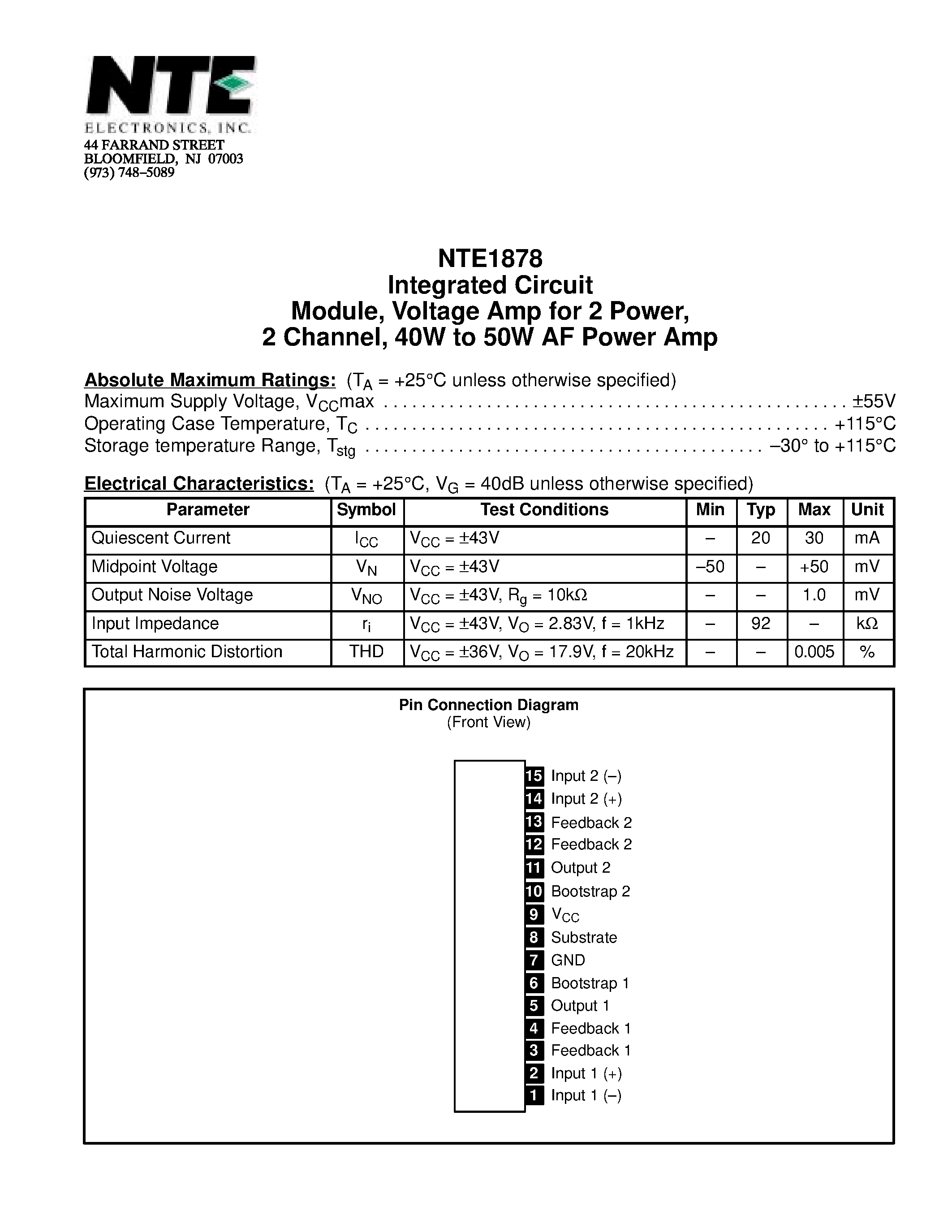 Datasheet NTE1878 - Integrated Circuit Module / Voltage Amp for 2 Power / 2 Channel / 40W to 50W AF Power Amp page 1