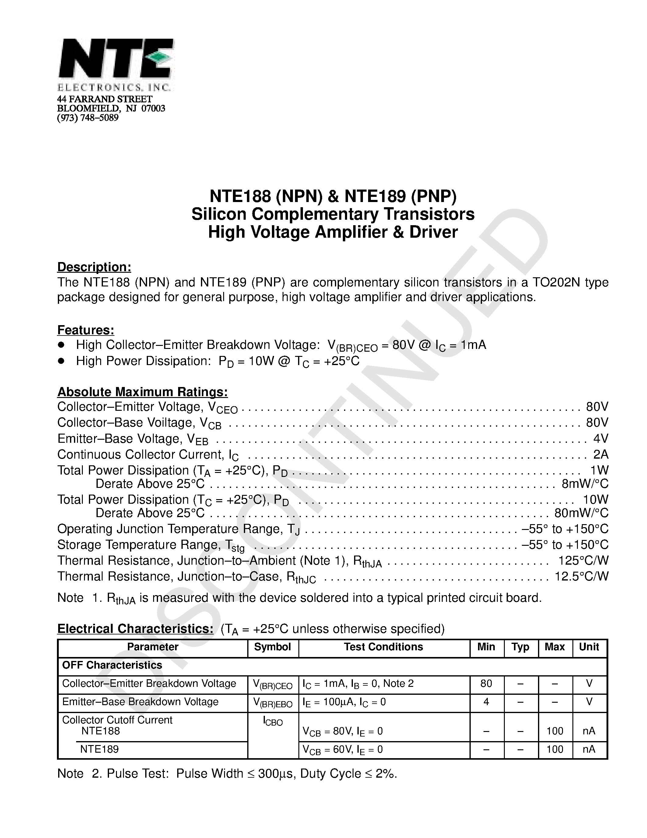 Datasheet NTE188 - Silicon Complementary Transistors High Voltage Amplifier & Driver page 1