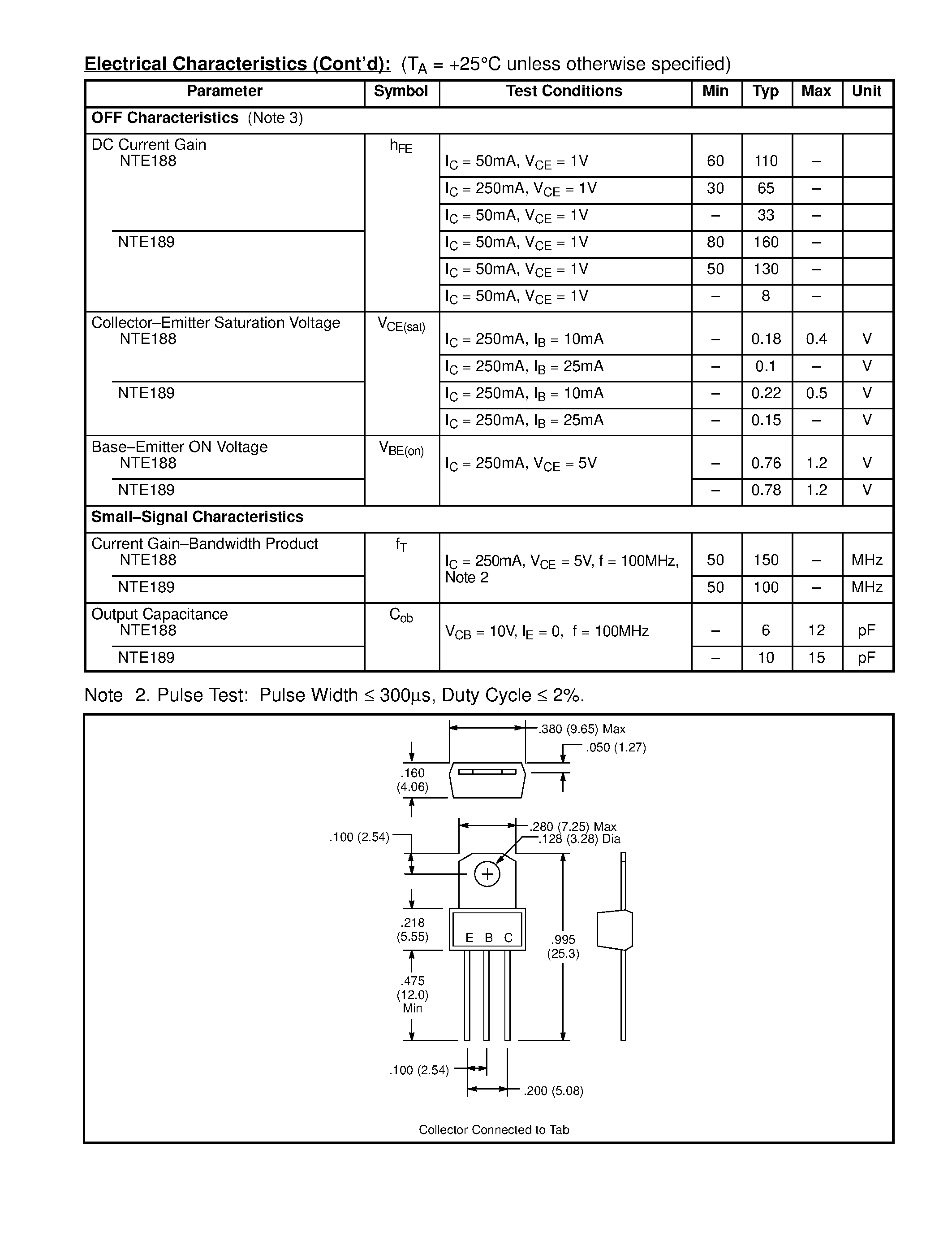 Datasheet NTE188 - Silicon Complementary Transistors High Voltage Amplifier & Driver page 2