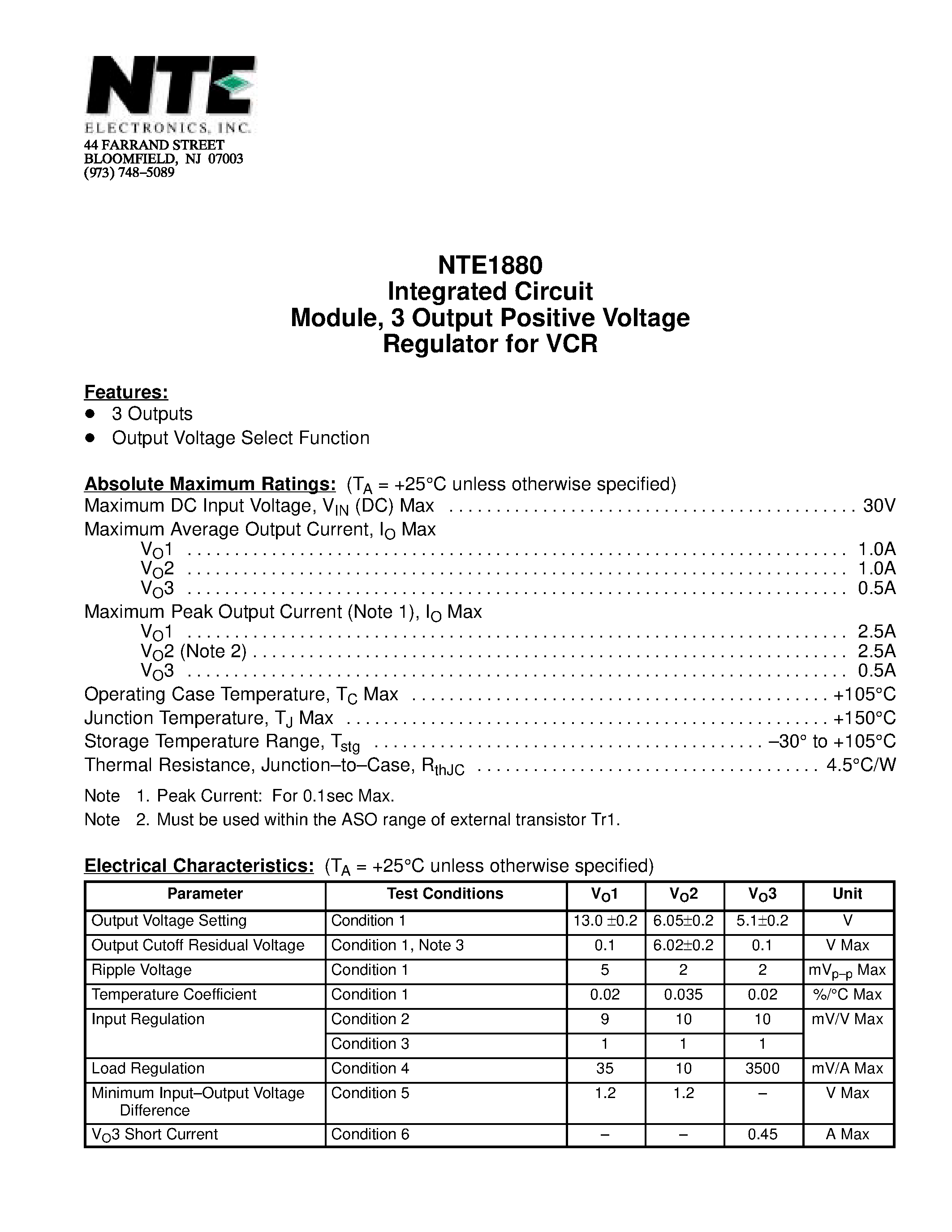 Datasheet NTE1880 - Integrated Circuit Module / 3 Output Positive Voltage Regulator for VCR page 1