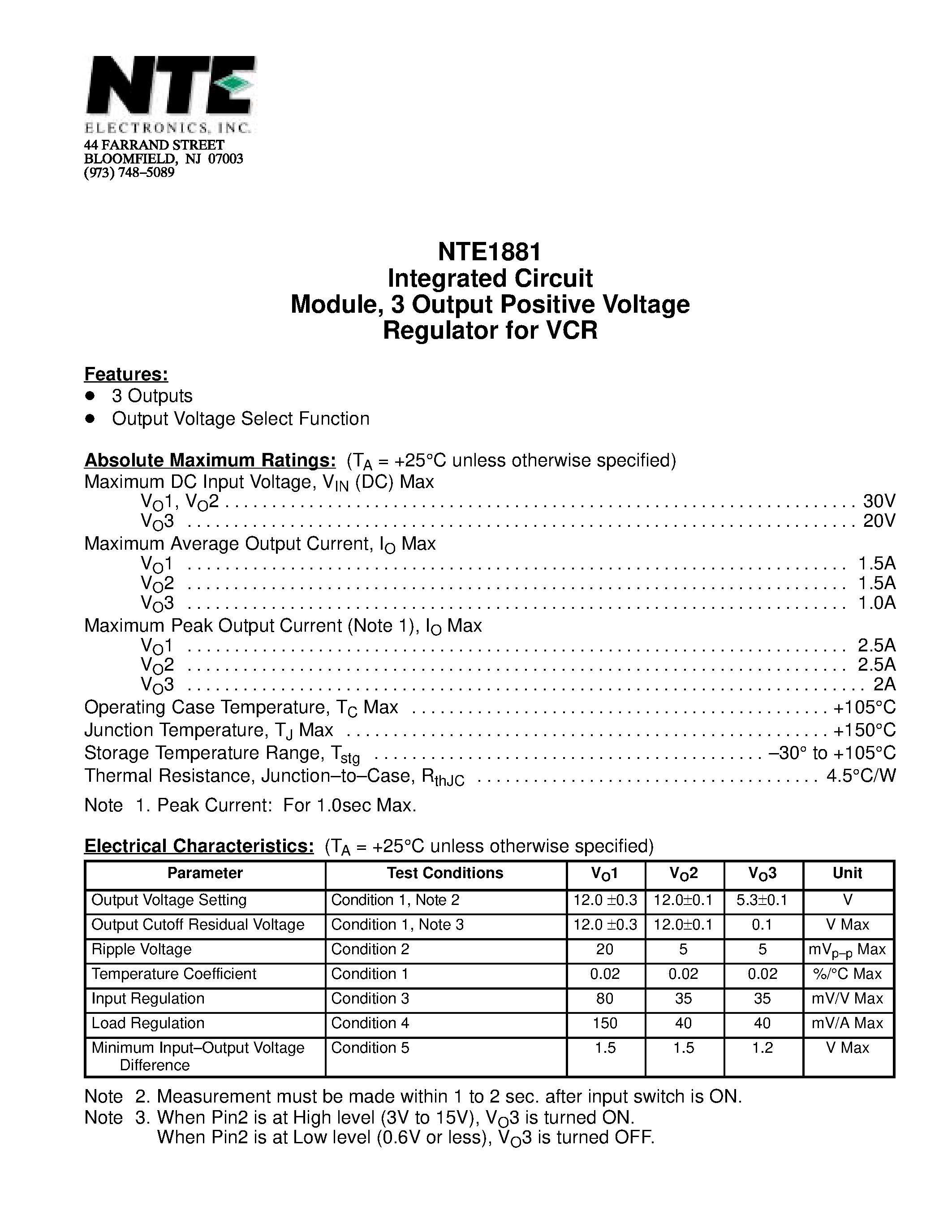 Datasheet NTE1881 - Integrated Circuit Module / 3 Output Positive Voltage Regulator for VCR page 1