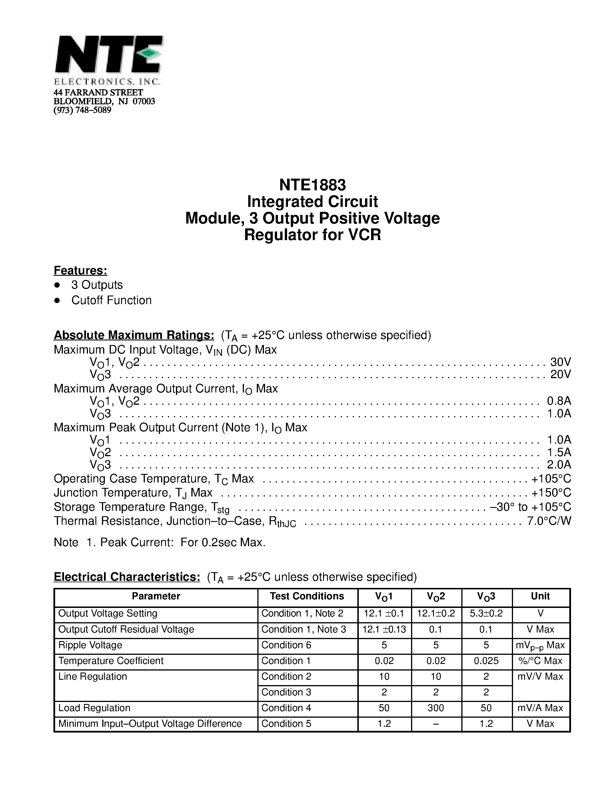 Datasheet NTE1883 page 1 Datasheet NTE1883 - Integrated Circuit Module / 3 Output Positive Voltage Regulator for VCR page 1