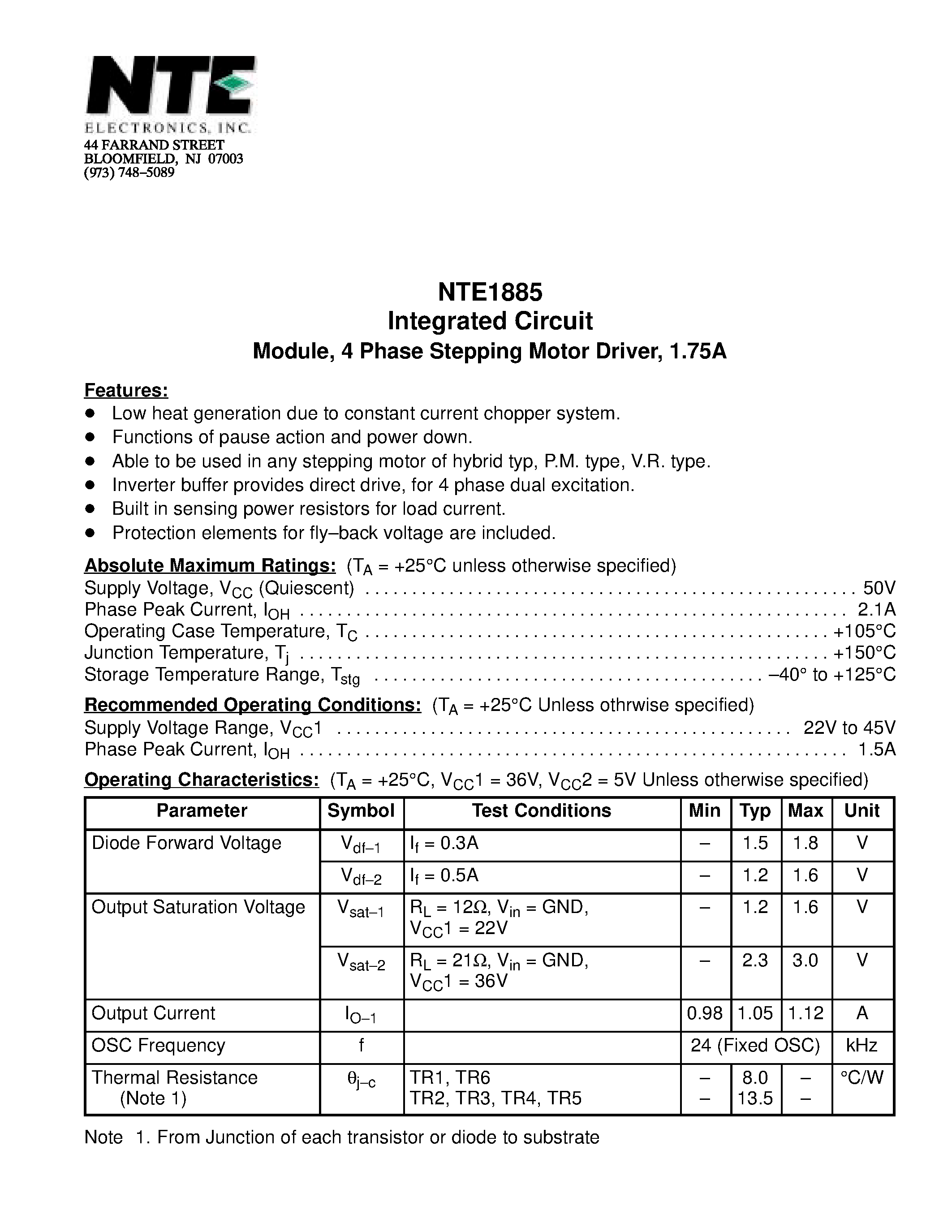 Datasheet NTE1885 - Integrated Circuit Module / 4 Phase Stepping Motor Driver / 1.75A page 1