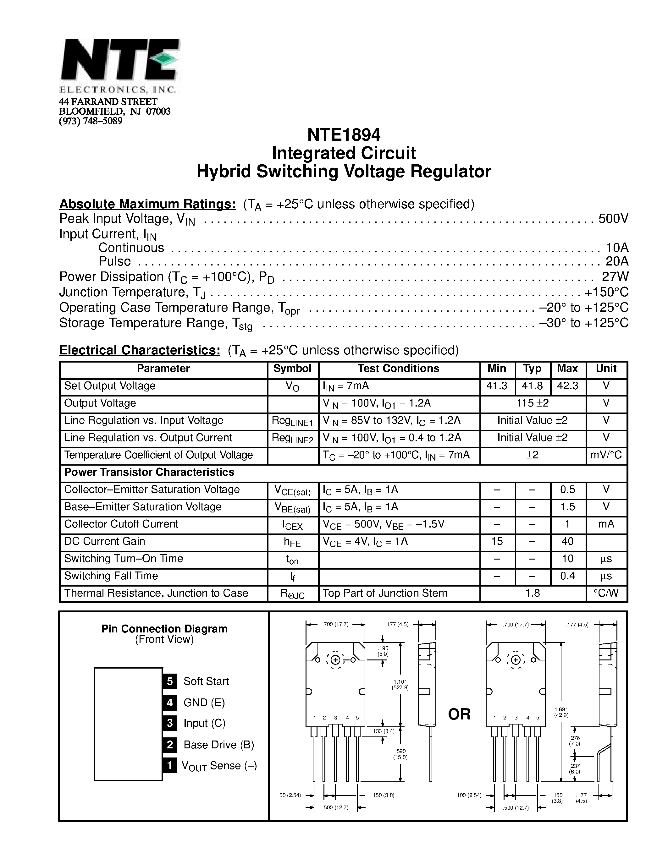 Datasheet NTE1894 page 1 Datasheet NTE1894 - Integrated Circuit Hybrid Switching Voltage Regulator page 1