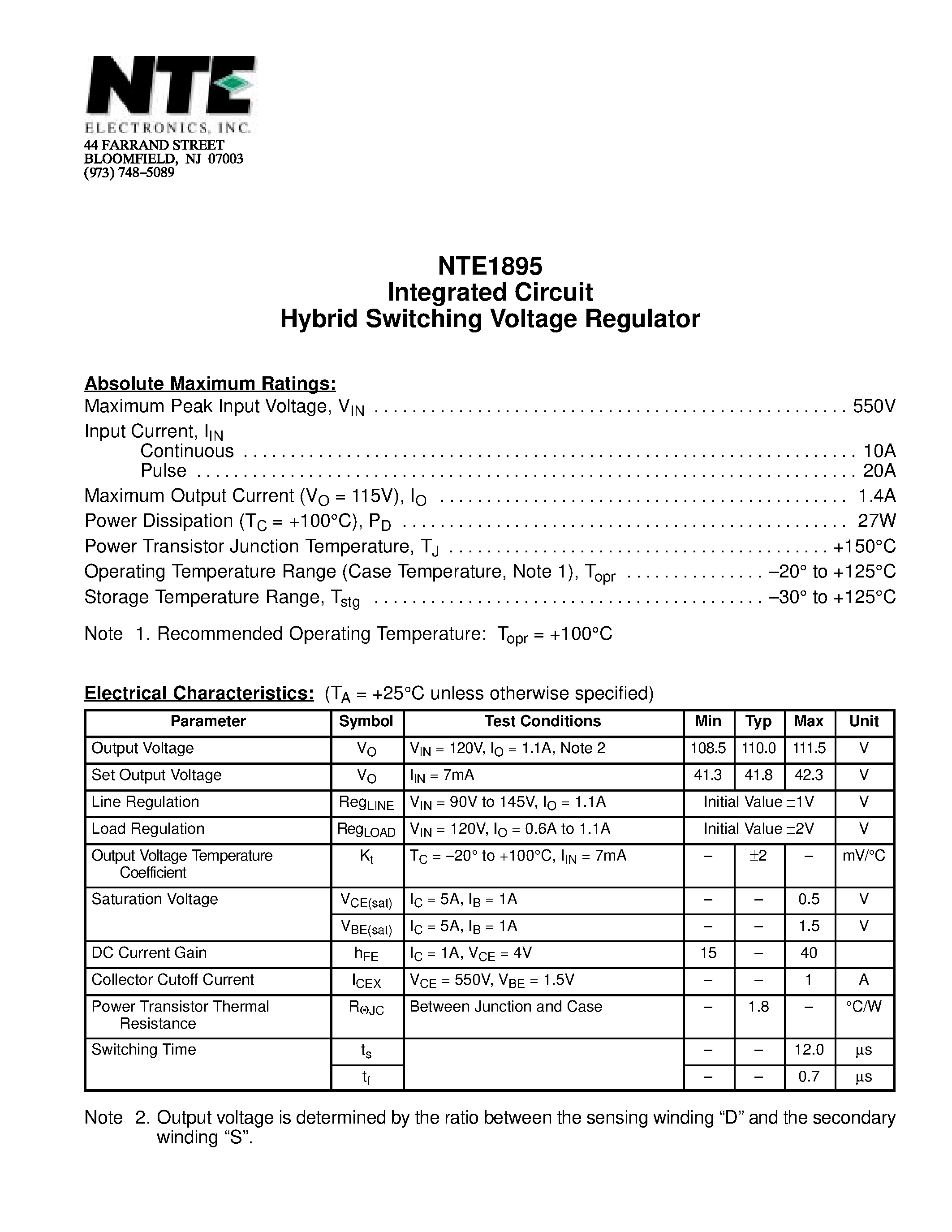 Datasheet NTE1895 - Integrated Circuit Hybrid Switching Voltage Regulator page 1