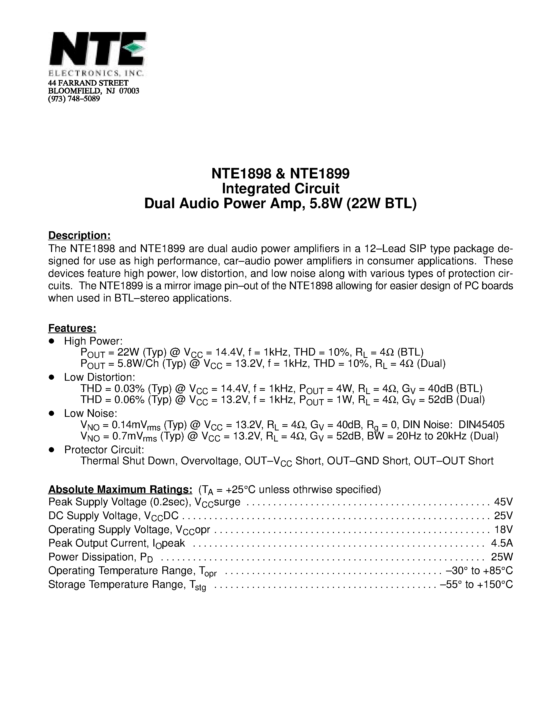 Datasheet NTE1899 - Integrated Circuit Dual Audio Power Amp / 5.8W (22W BTL) page 1