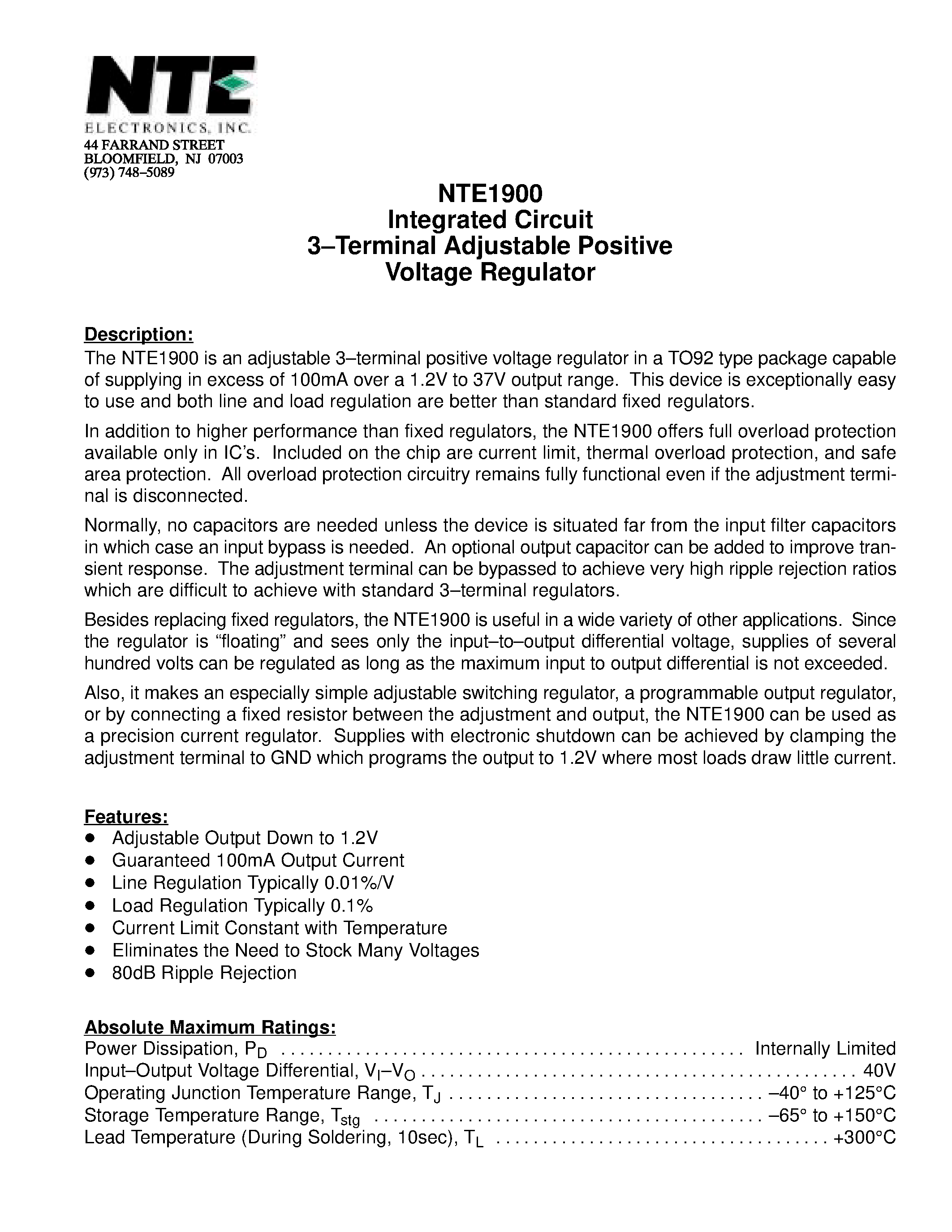 Datasheet NTE1900 page 1 Datasheet NTE1900 - Integrated Circuit 3-Terminal Adjustable Positive Voltage Regulator page 1