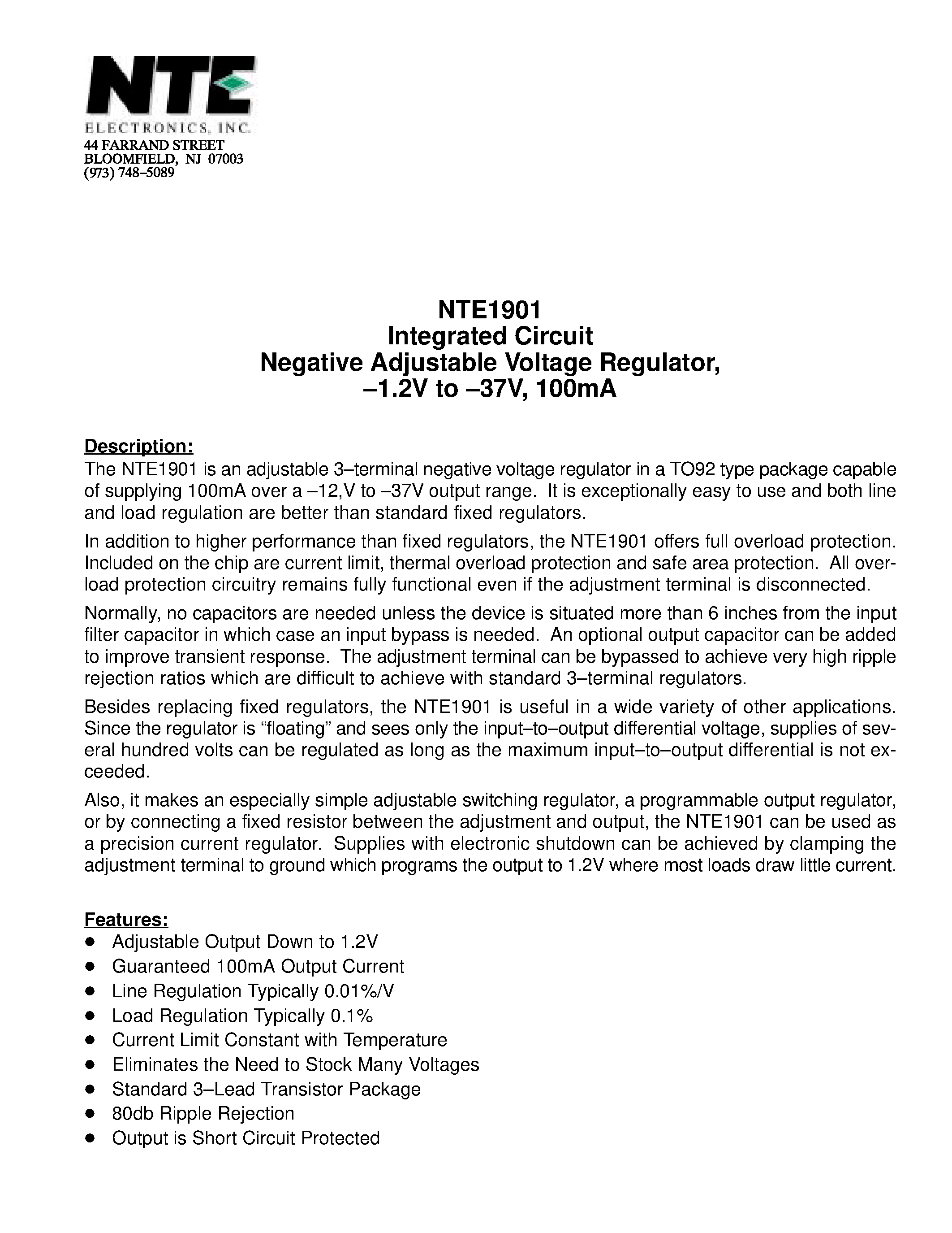 Datasheet NTE1901 - Integrated Circuit Negative Adjustable Voltage Regulator / -1.2V to -37V / 100mA page 1
