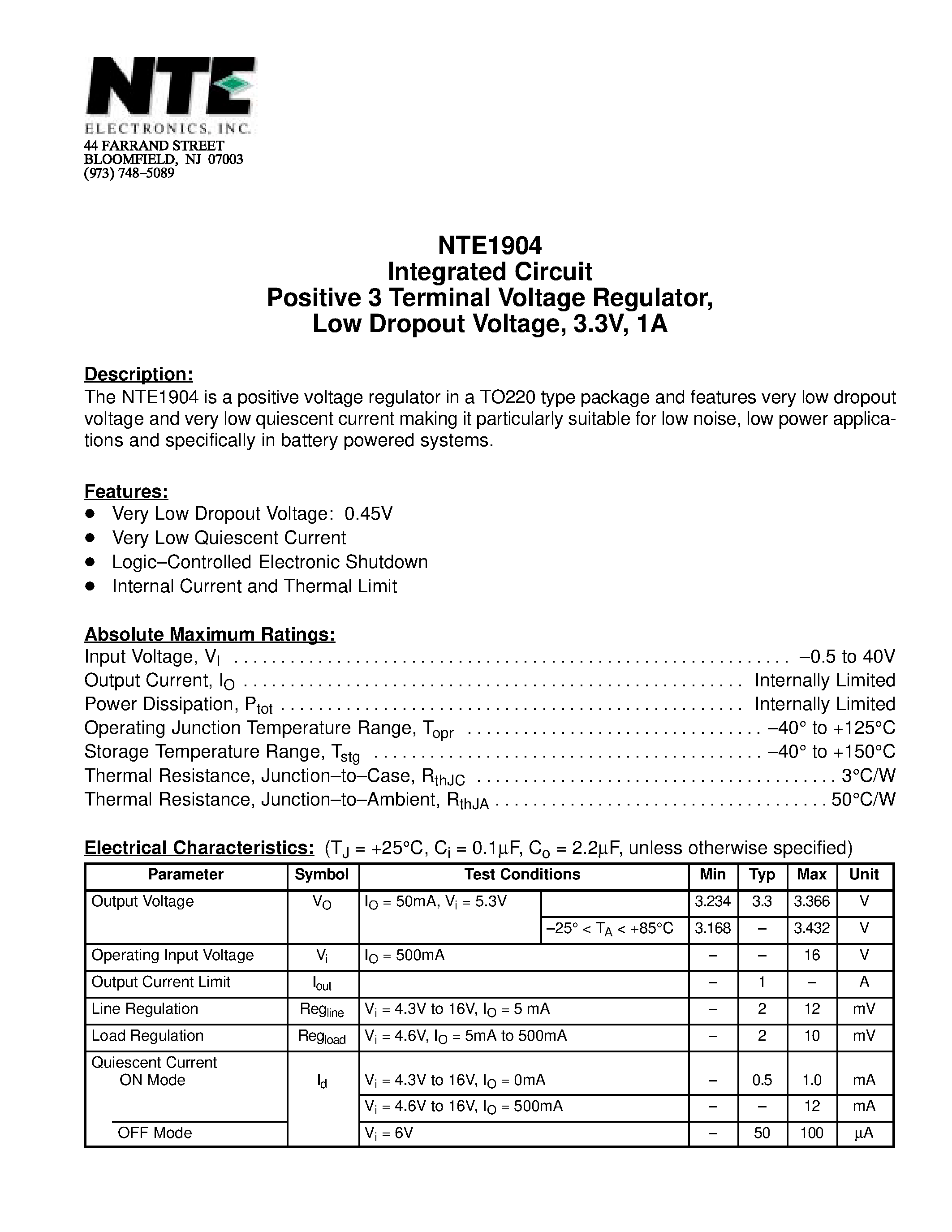 Datasheet NTE1904 - Integrated Circuit Positive 3 Terminal Voltage Regulator / Low Dropout Voltage / 3.3V / 1A page 1