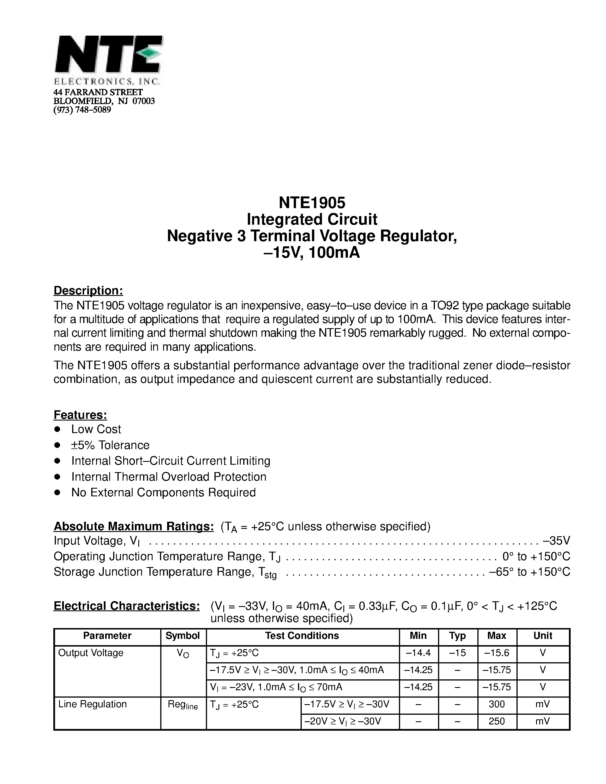 Datasheet NTE1905 - Integrated Circuit Negative 3 Terminal Voltage Regulator / -15V / 100mA page 1