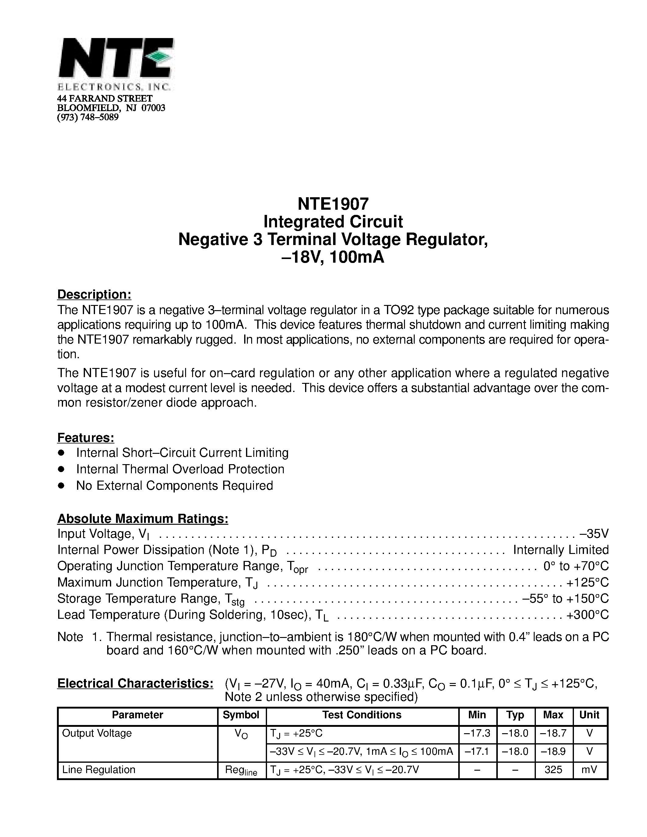 Datasheet NTE1907 - Integrated Circuit Negative 3 Terminal Voltage Regulator / -18V / 100mA page 1