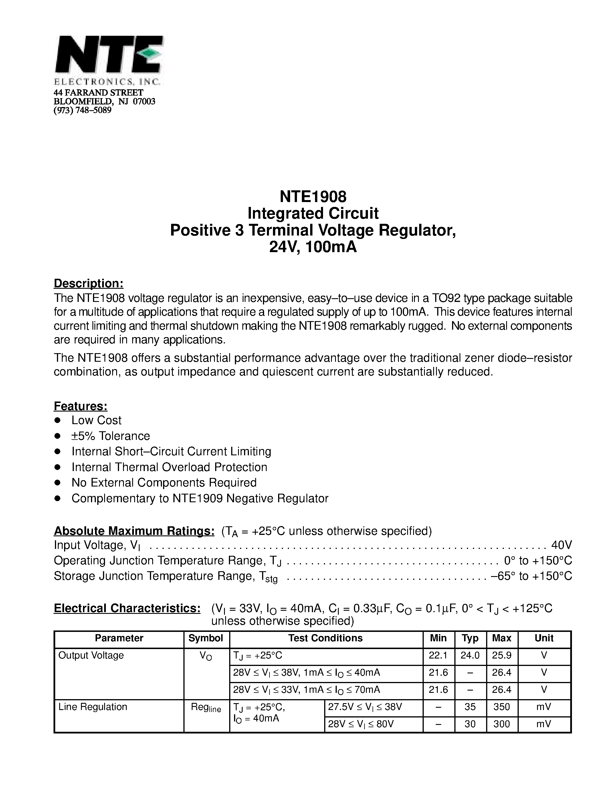 Datasheet NTE1908 - Integrated Circuit Positive 3 Terminal Voltage Regulator / 24V / 100mA page 1