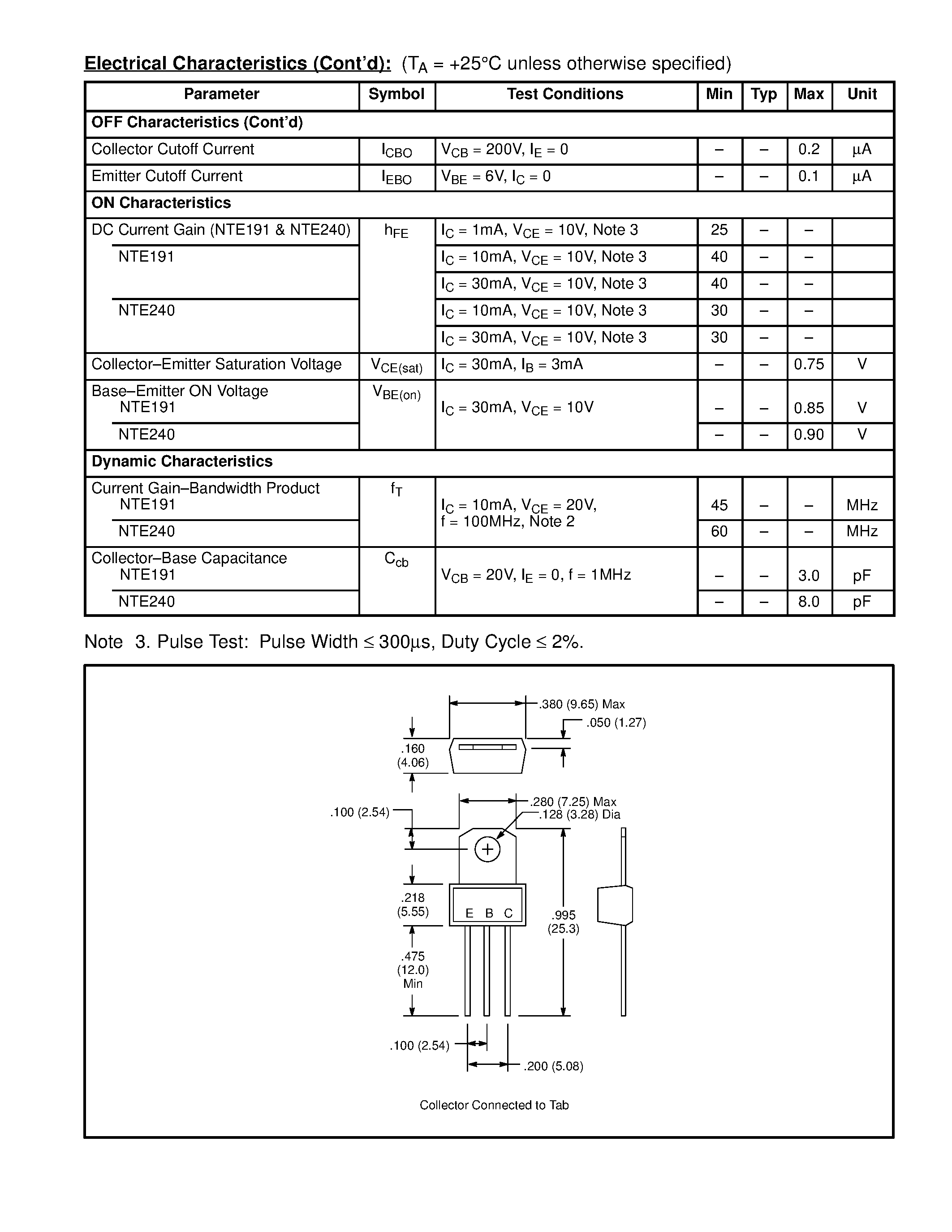 Datasheet NTE191 - Silicon Complementary Transistors High Voltage Video Amplifier page 2