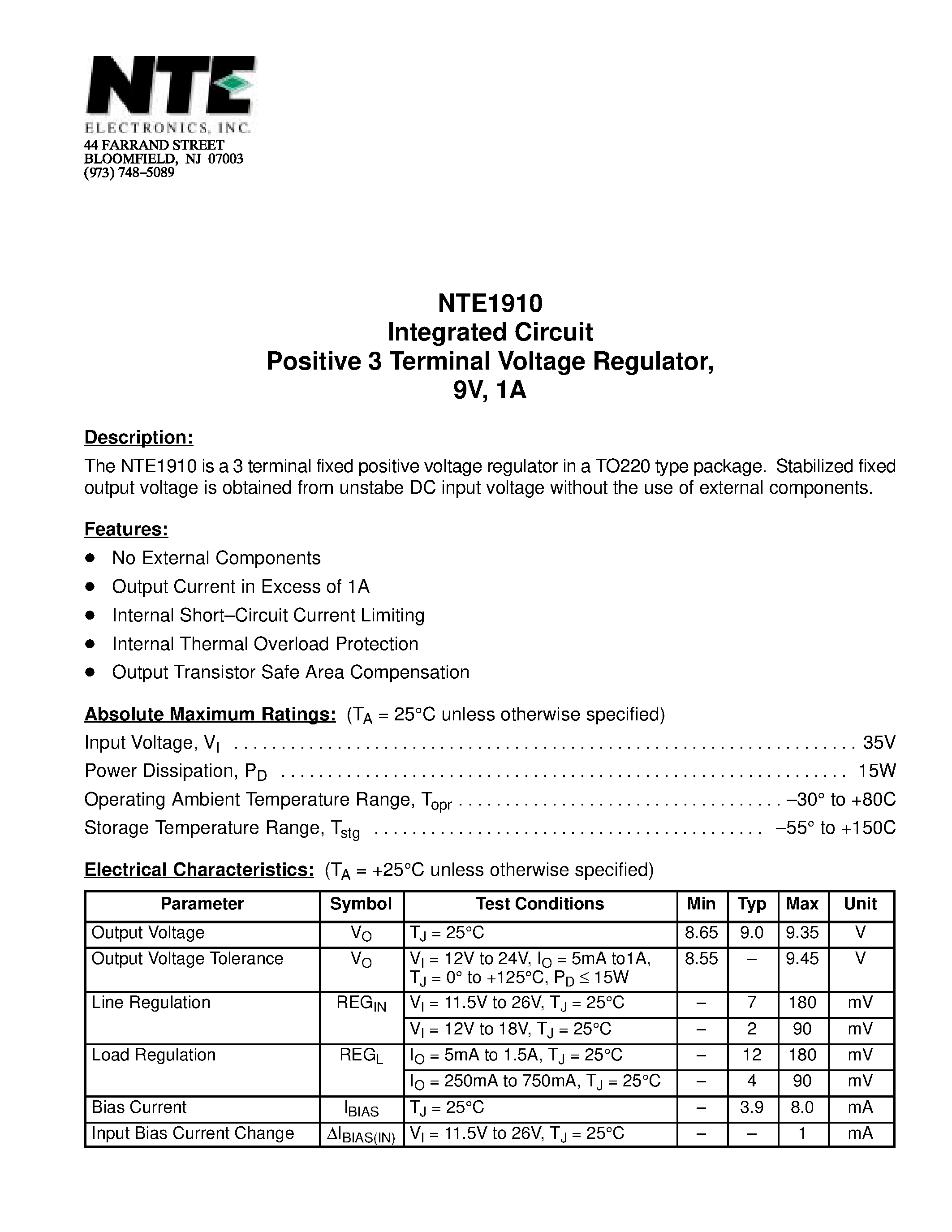 Datasheet NTE1910 - Integrated Circuit Positive 3 Terminal Voltage Regulator / 9V / 1A page 1