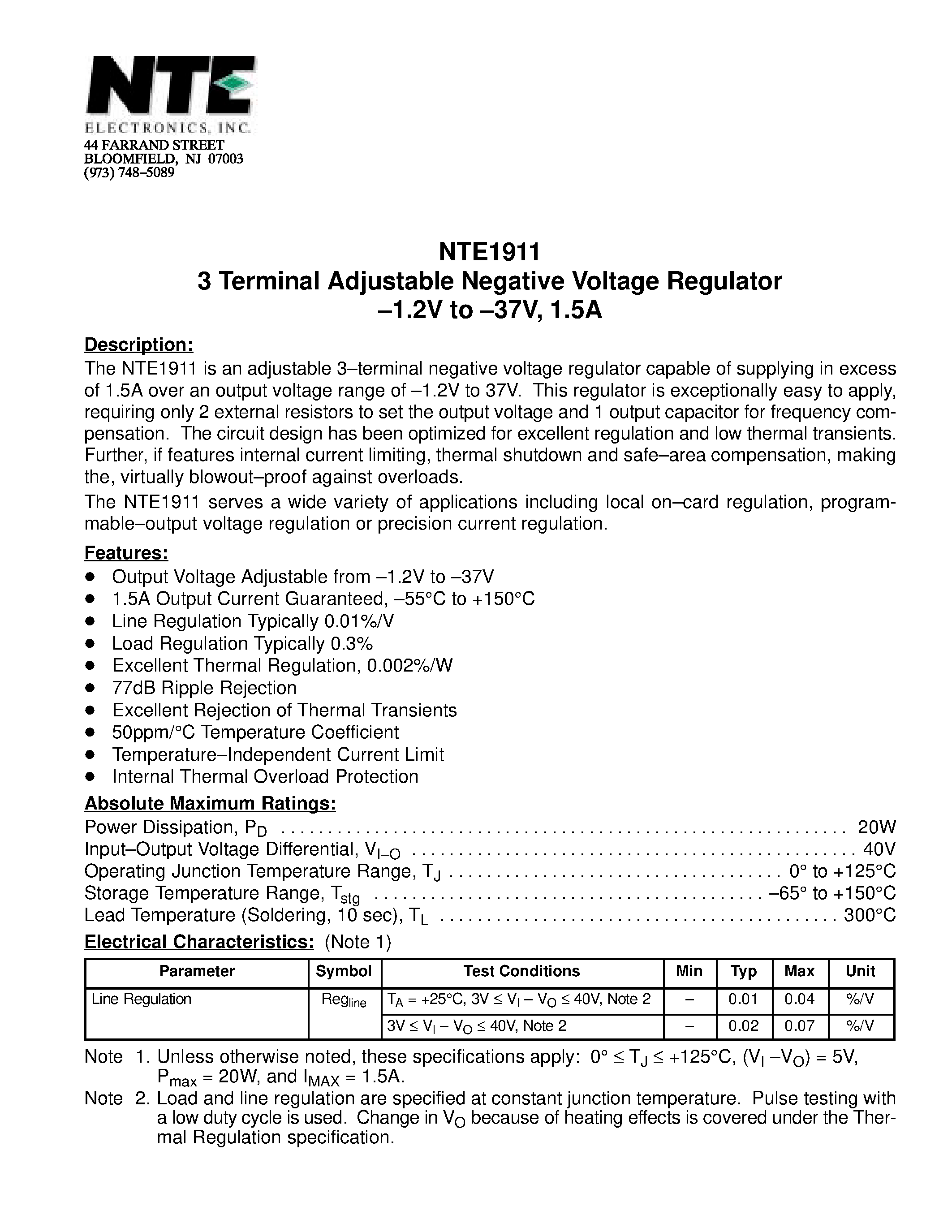 Datasheet NTE1911 - 3 Terminal Adjustable Negative Voltage Regulator -1.2V to -37V / 1.5A page 1