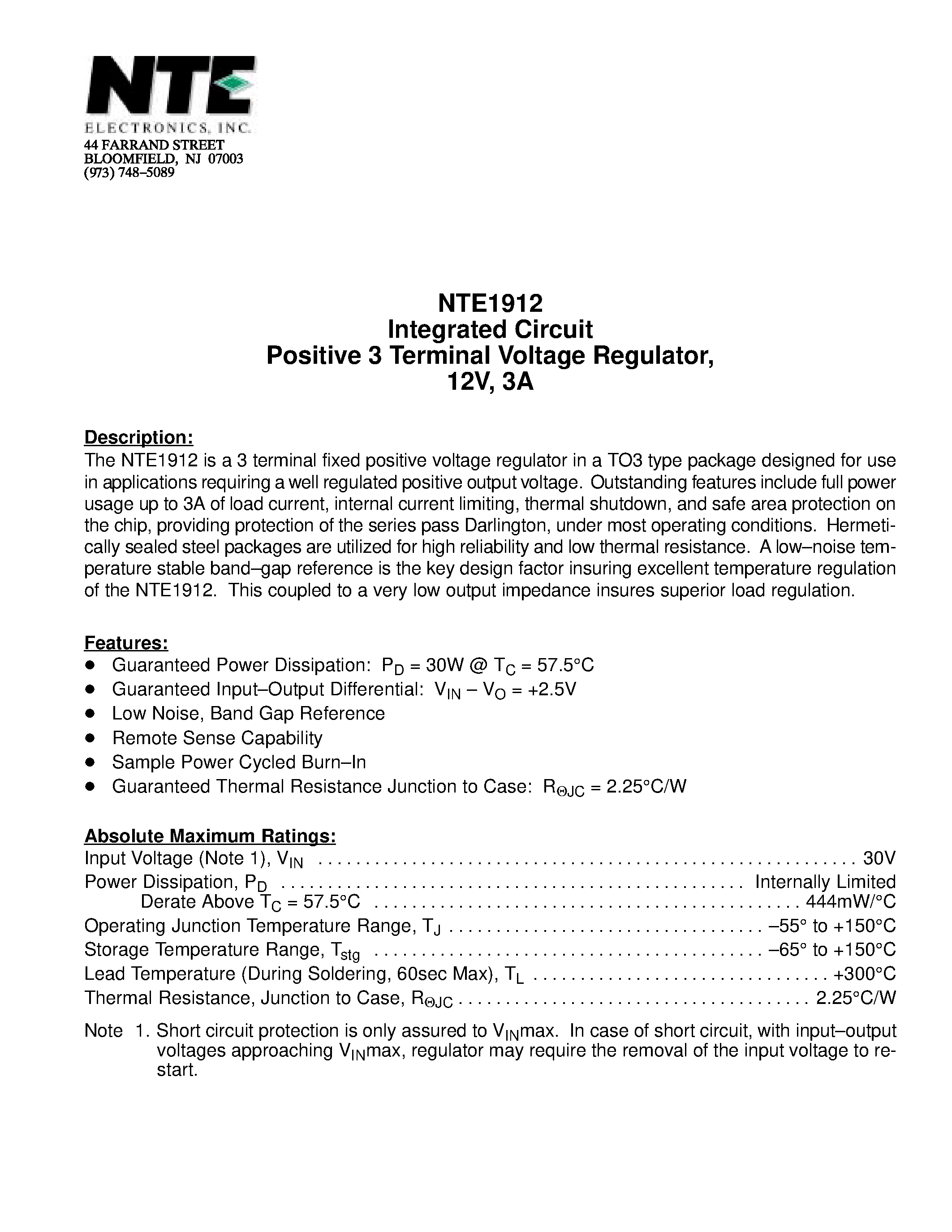 Datasheet NTE1912 - Integrated Circuit Positive 3 Terminal Voltage Regulator / 12V / 3A page 1