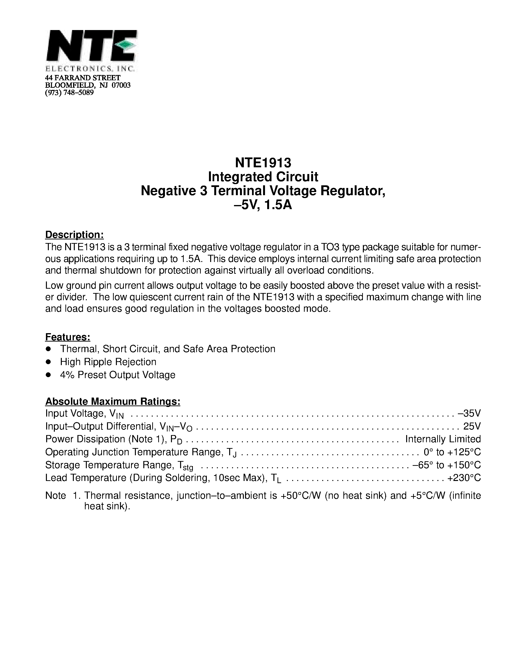 Datasheet NTE1913 - Integrated Circuit Negative 3 Terminal Voltage Regulator / -5V / 1.5A page 1