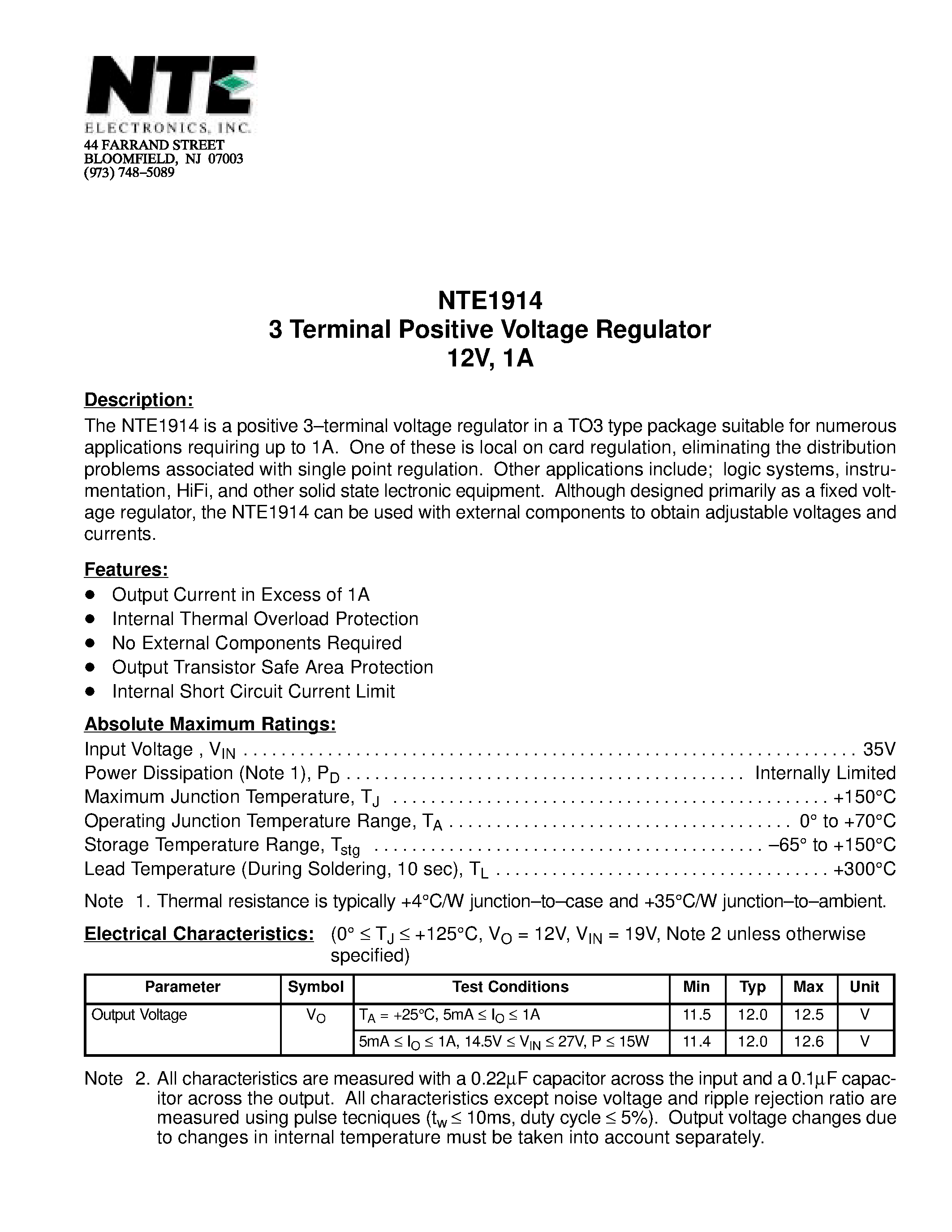 Datasheet NTE1914 - 3 Terminal Positive Voltage Regulator 12V / 1A page 1