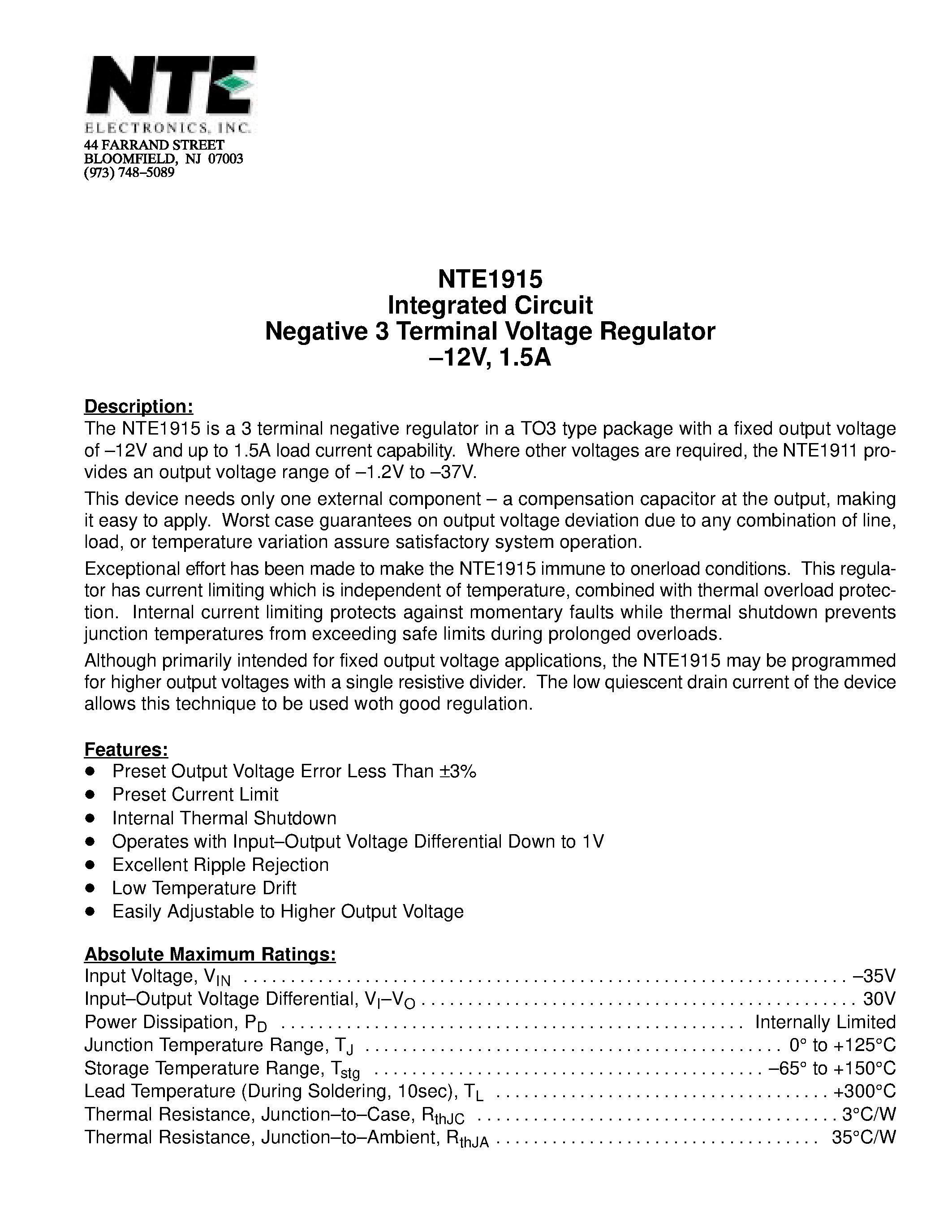 Datasheet NTE1915 - Integrated Circuit Negative 3 Terminal Voltage Regulator -12V / 1.5A page 1