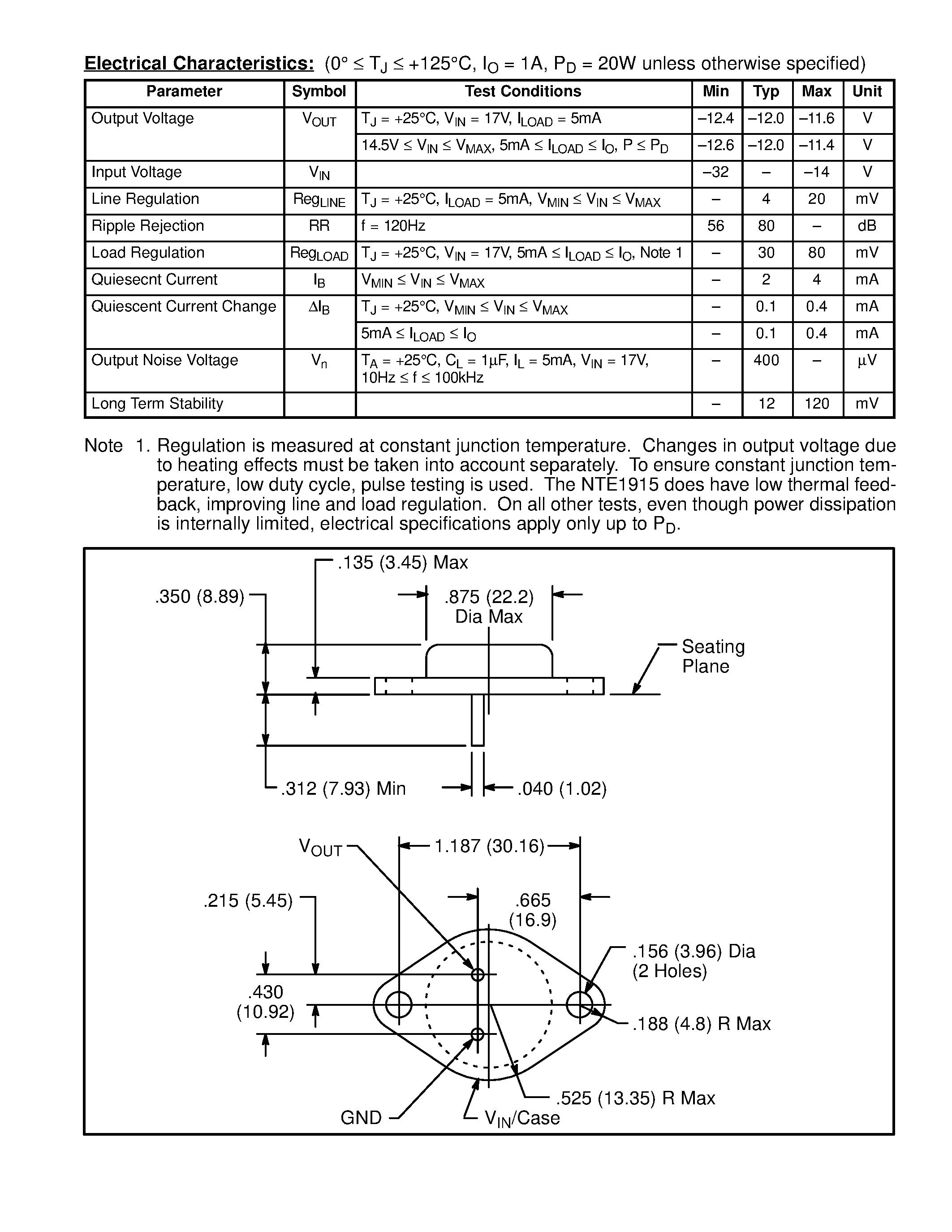 Datasheet NTE1915 - Integrated Circuit Negative 3 Terminal Voltage Regulator -12V / 1.5A page 2