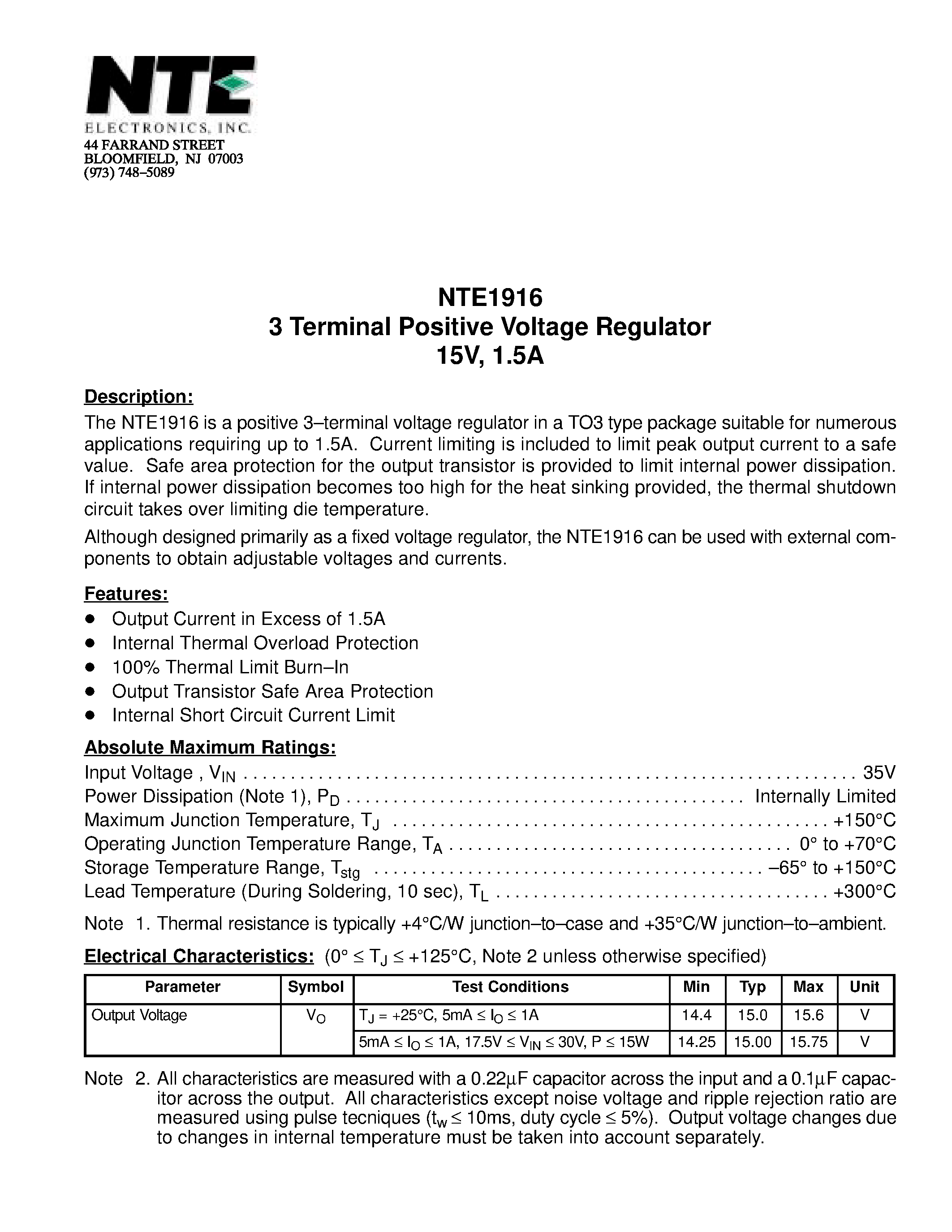 Datasheet NTE1916 - 3 Terminal Positive Voltage Regulator 15V / 1.5A page 1