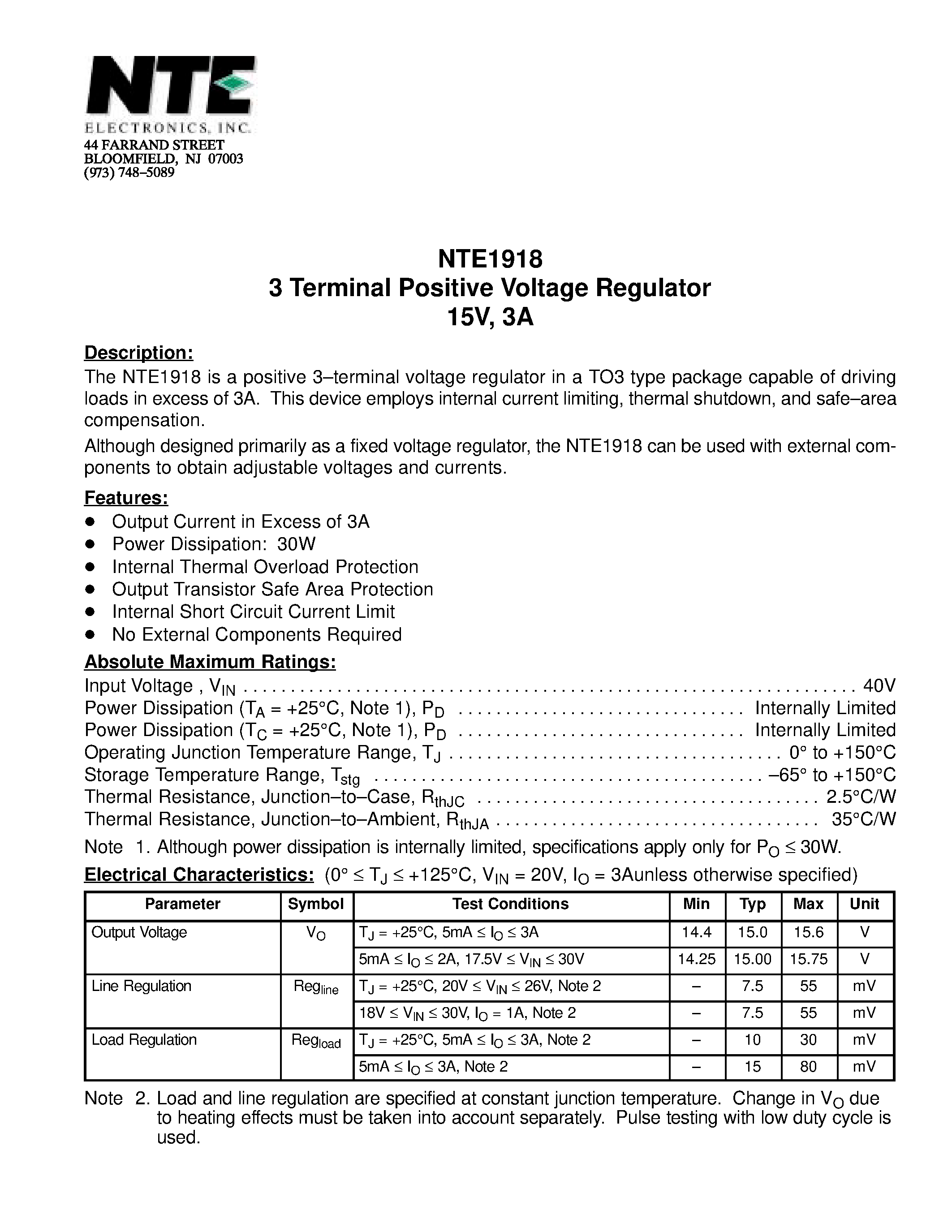 Datasheet NTE1918 - 3 Terminal Positive Voltage Regulator 15V / 3A page 1