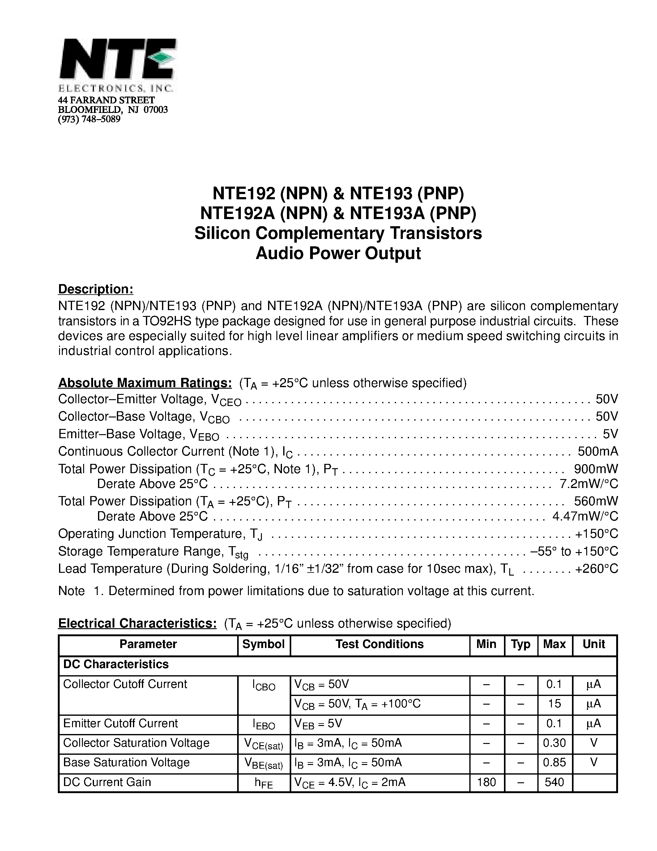 Datasheet NTE192 - Silicon Complementary Transistors Audio Power Output page 1