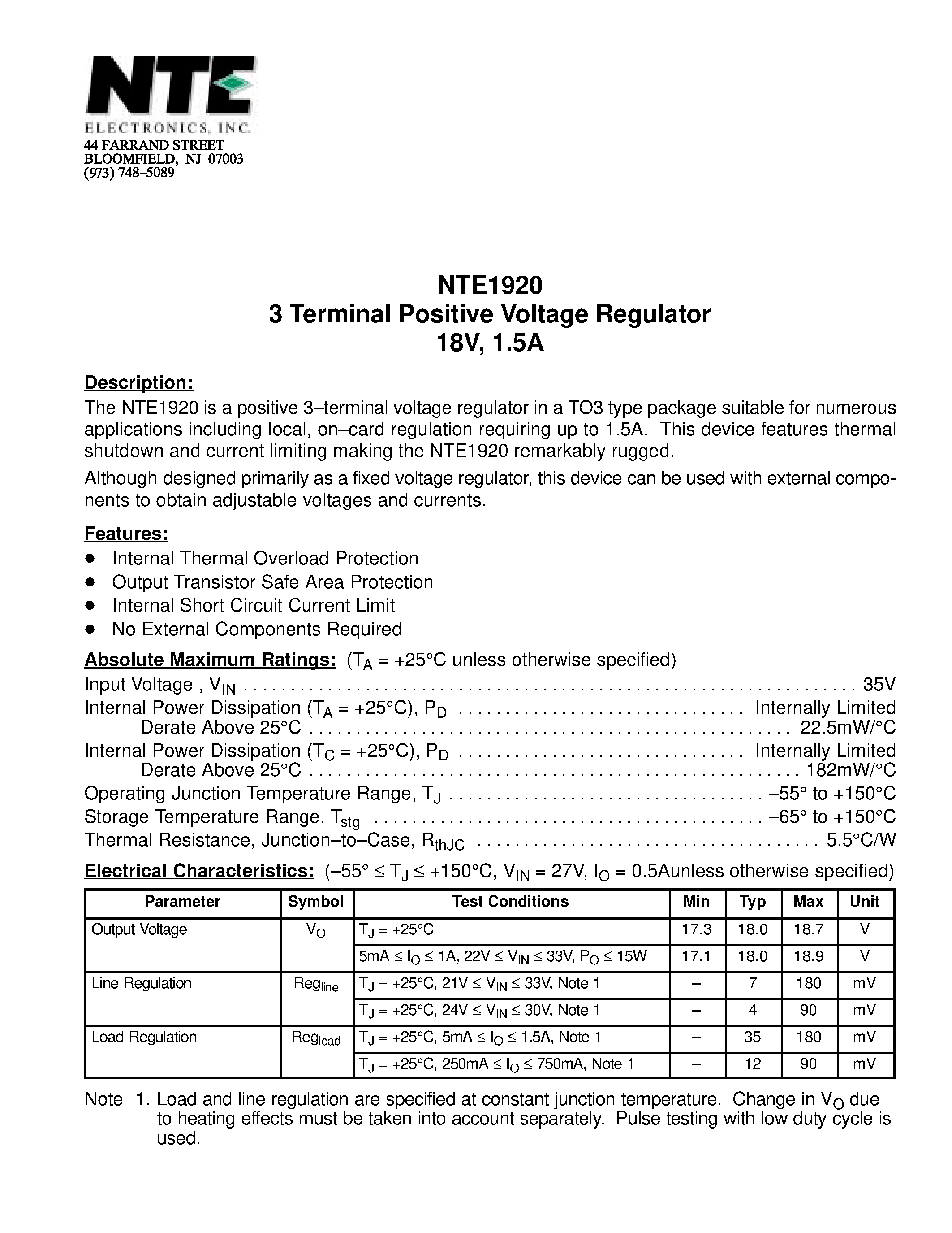 Datasheet NTE1920 page 1 Datasheet NTE1920 - 3 Terminal Positive Voltage Regulator 18V / 1.5A page 1