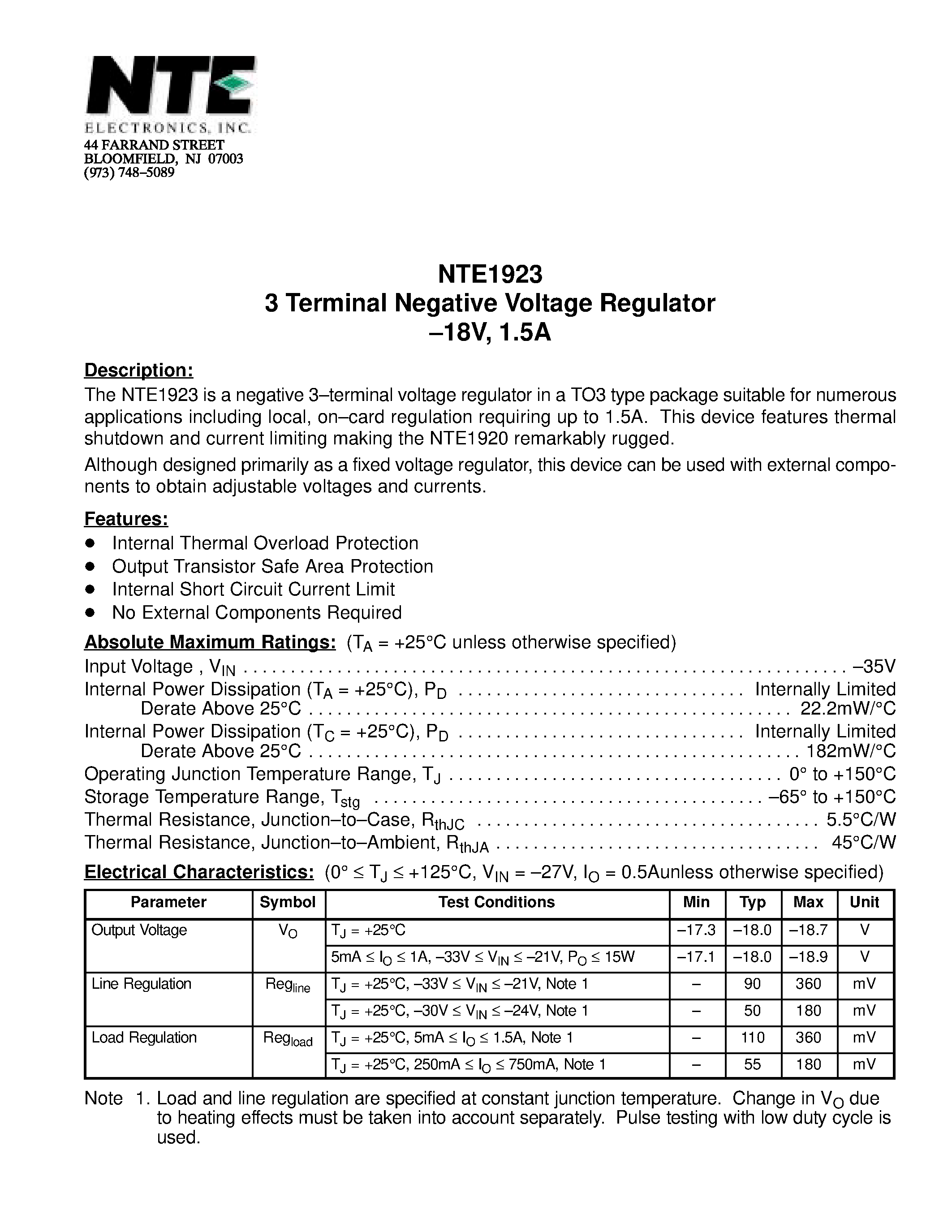 Datasheet NTE1923 - 3 Terminal Negative Voltage Regulator -18V / 1.5A page 1