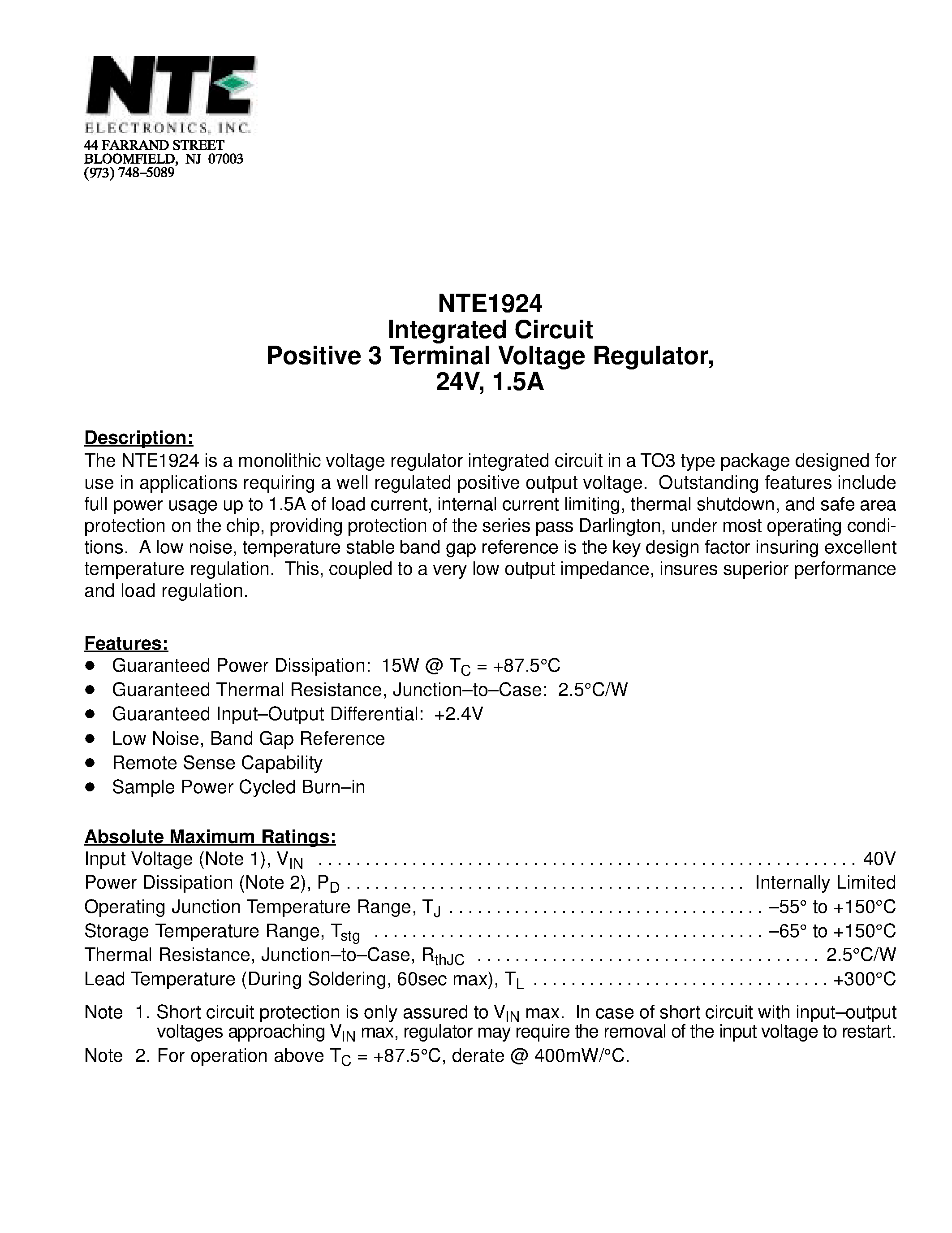 Datasheet NTE1924 - Integrated Circuit Positive 3 Terminal Voltage Regulator / 24V / 1.5A page 1
