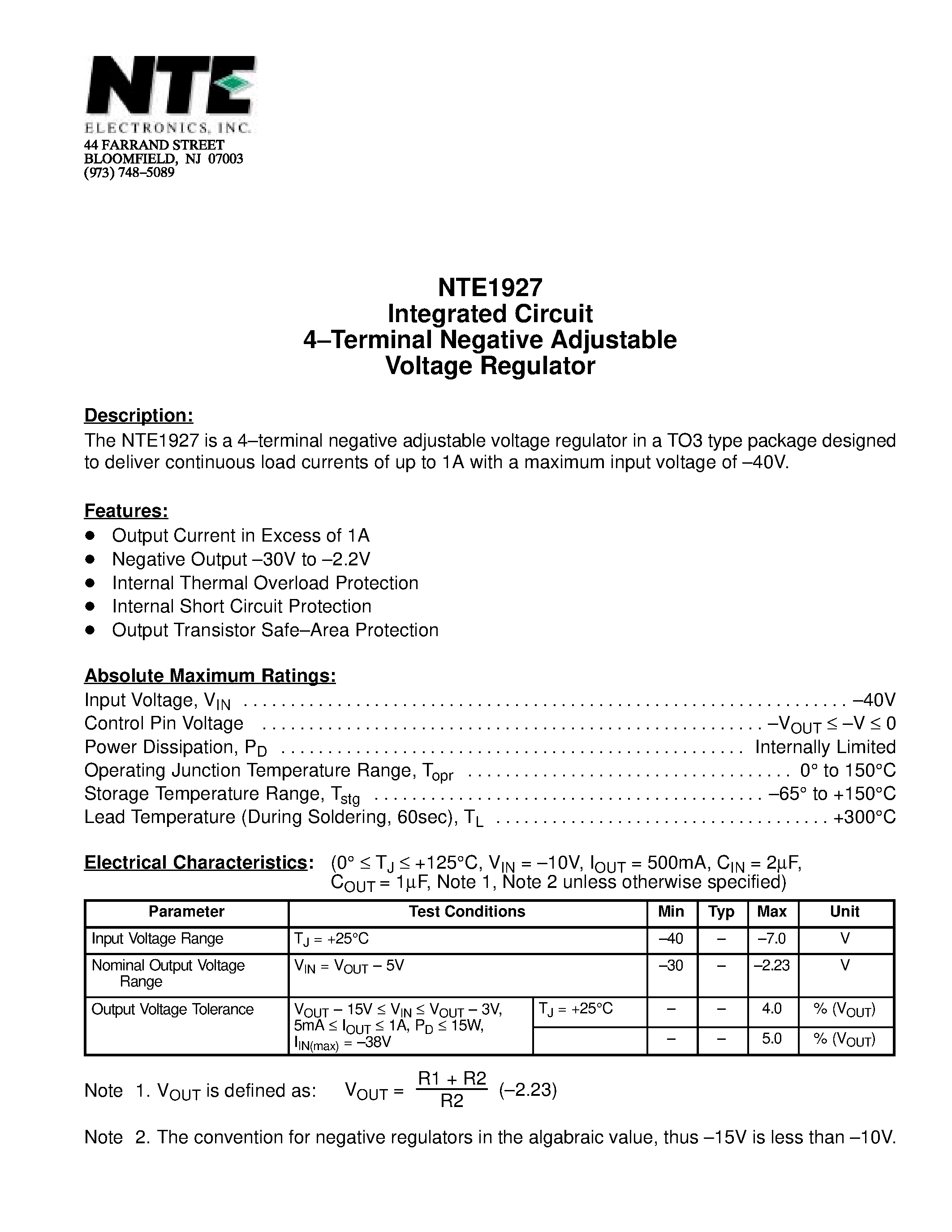 Datasheet NTE1927 - Integrated Circuit 4-Terminal Negative Adjustable Voltage Regulator page 1