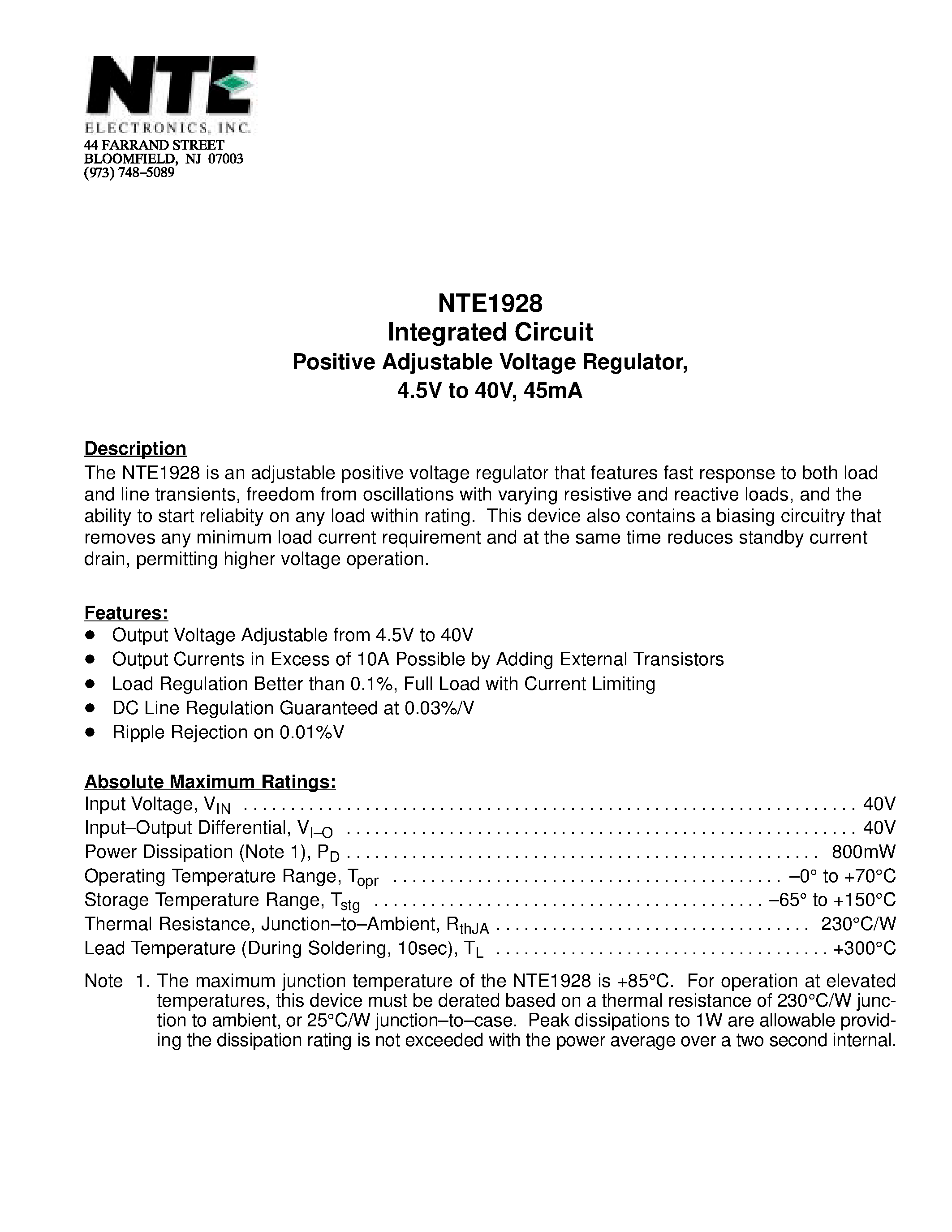 Datasheet NTE1928 - Integrated Circuit Positive Adjustable Voltage Regulator / 4.5V to 40V / 45mA page 1