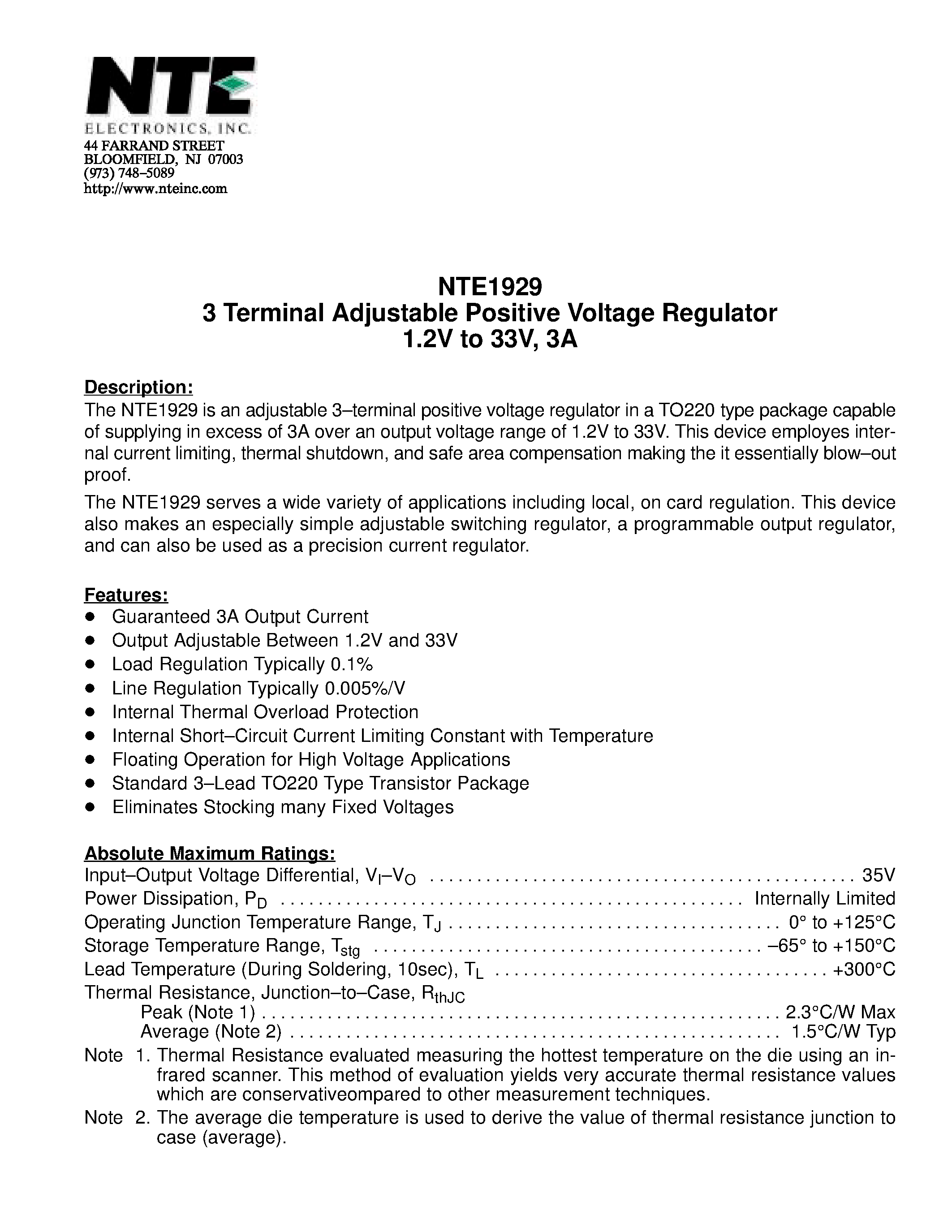 Datasheet NTE1929 page 1 Datasheet NTE1929 - 3 Terminal Adjustable Positive Voltage Regulator 1.2V to 33V / 3A page 1