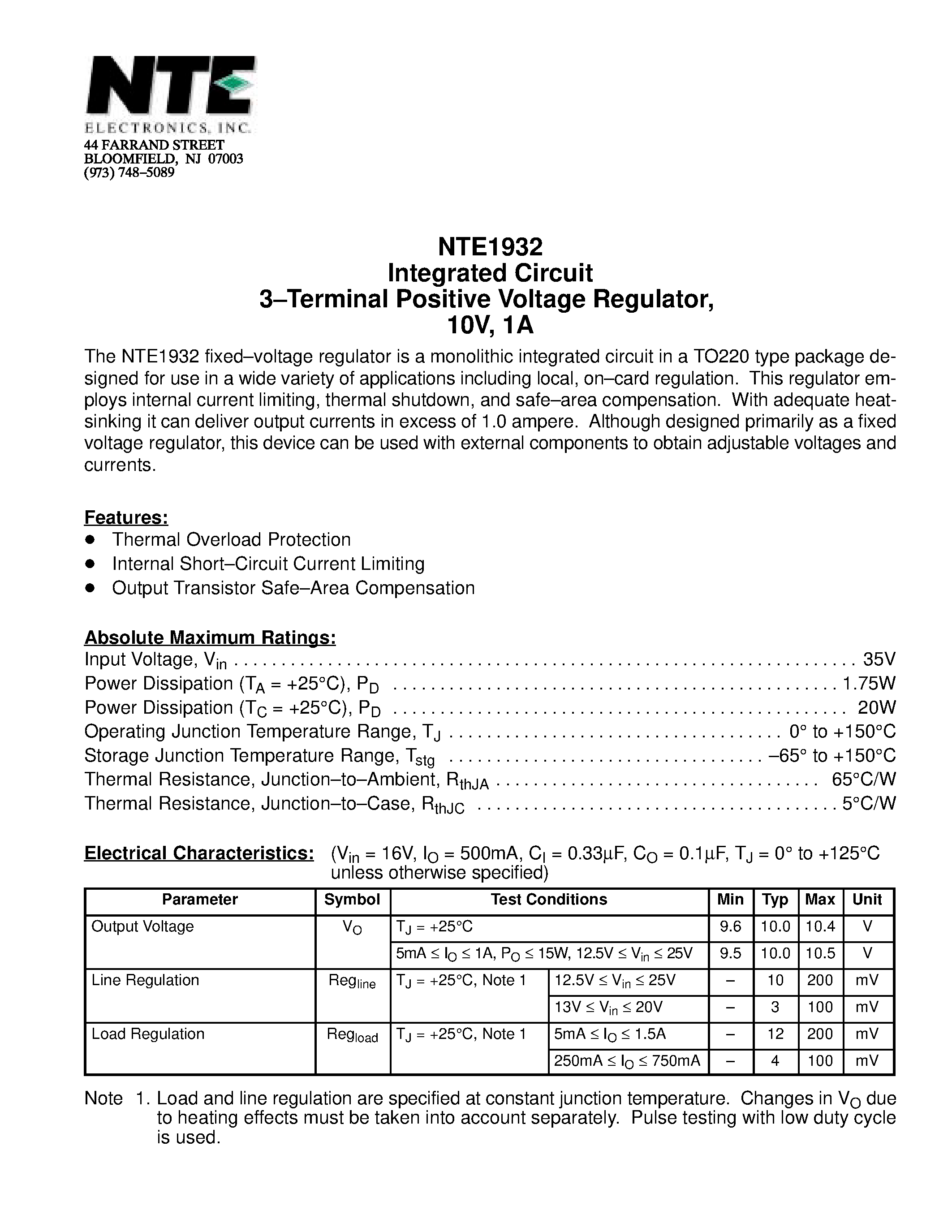 Datasheet NTE1932 page 1 Datasheet NTE1932 - Integrated Circuit 3-Terminal Positive Voltage Regulator / 10V / 1A page 1