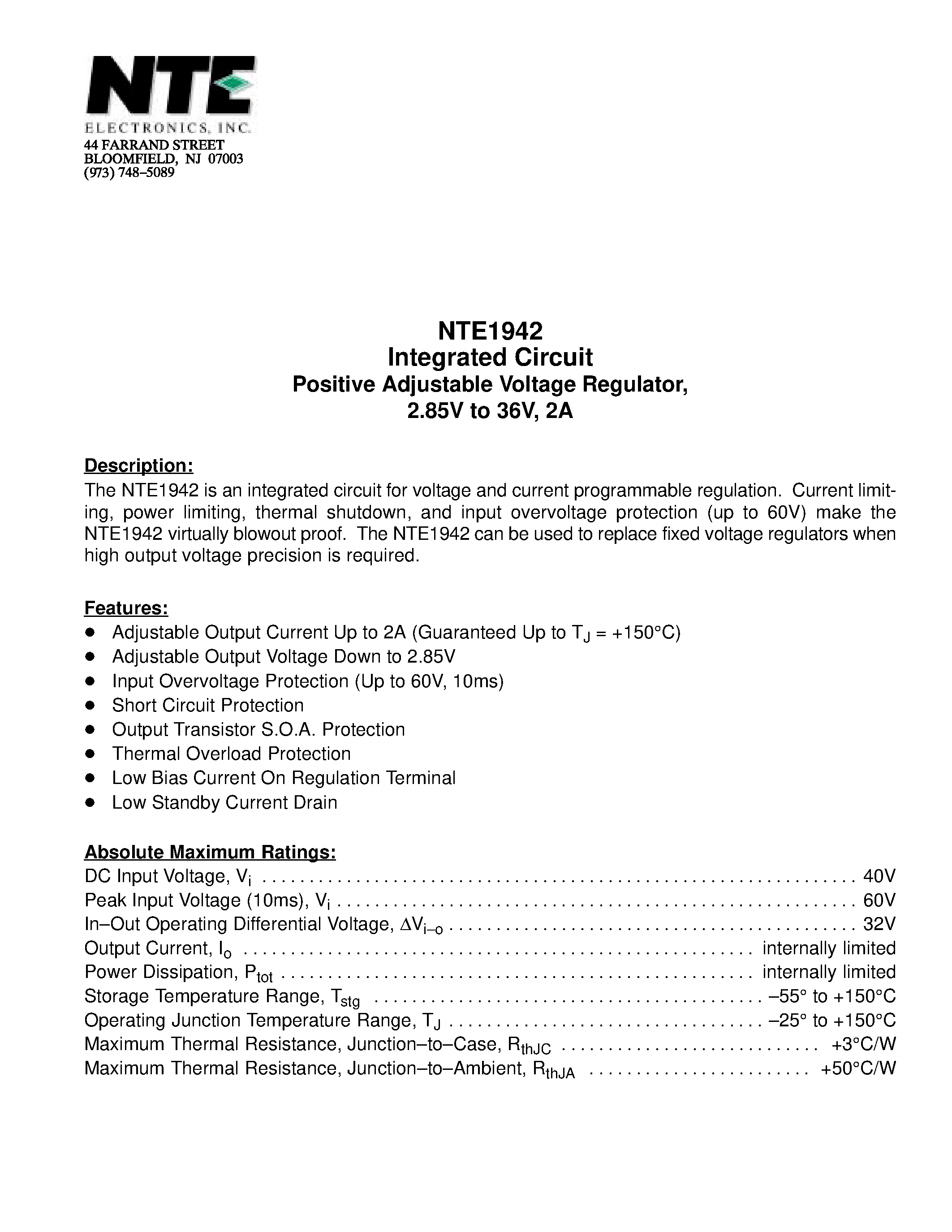 Datasheet NTE1942 - Integrated Circuit Positive Adjustable Voltage Regulator / 2.85V to 36V / 2A page 1