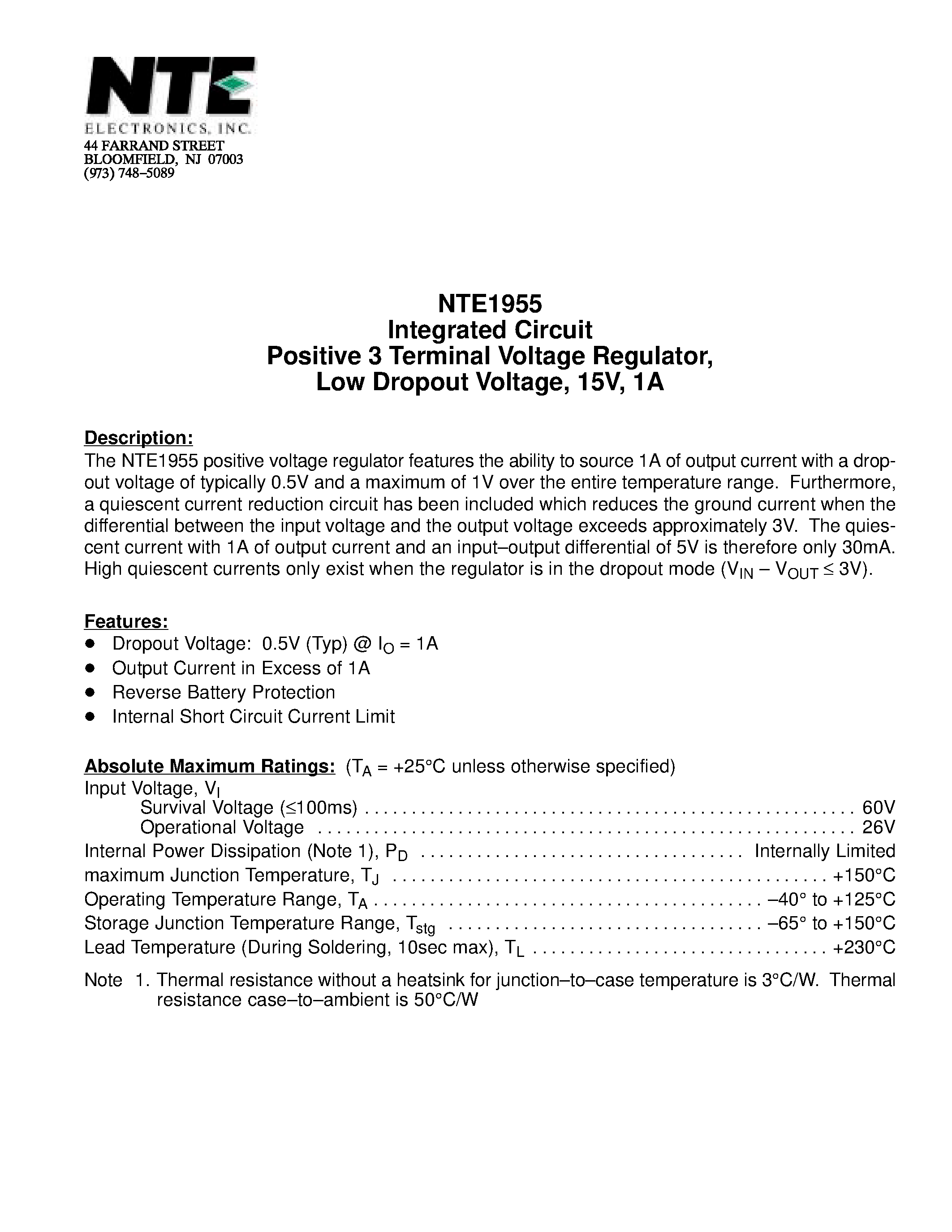 Datasheet NTE1955 - Integrated Circuit Positive 3 Terminal Voltage Regulator / Low Dropout Voltage / 15V / 1A page 1