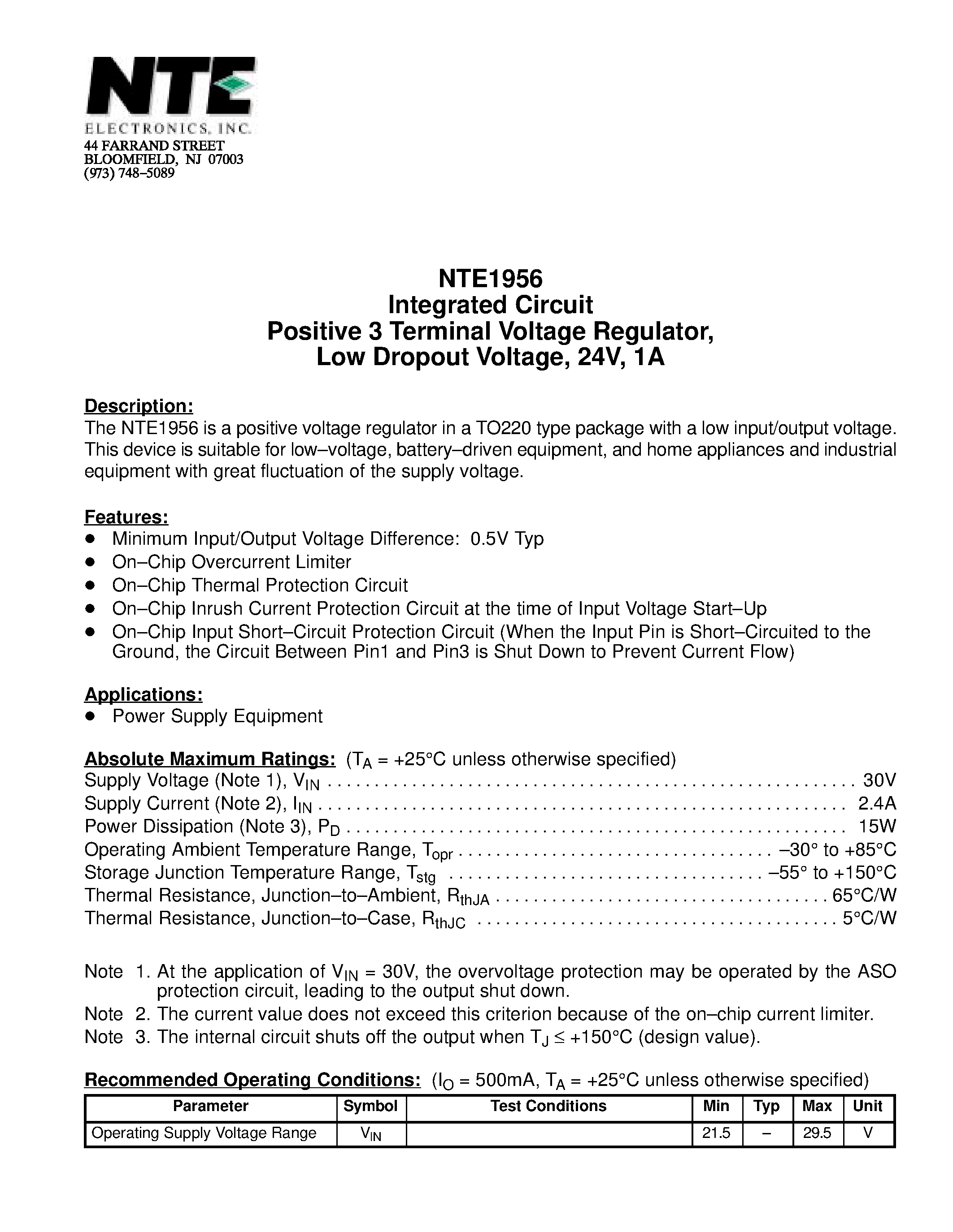 Datasheet NTE1956 page 1 Datasheet NTE1956 - Integrated Circuit Positive 3 Terminal Voltage Regulator / Low Dropout Voltage / 24V / 1A page 1