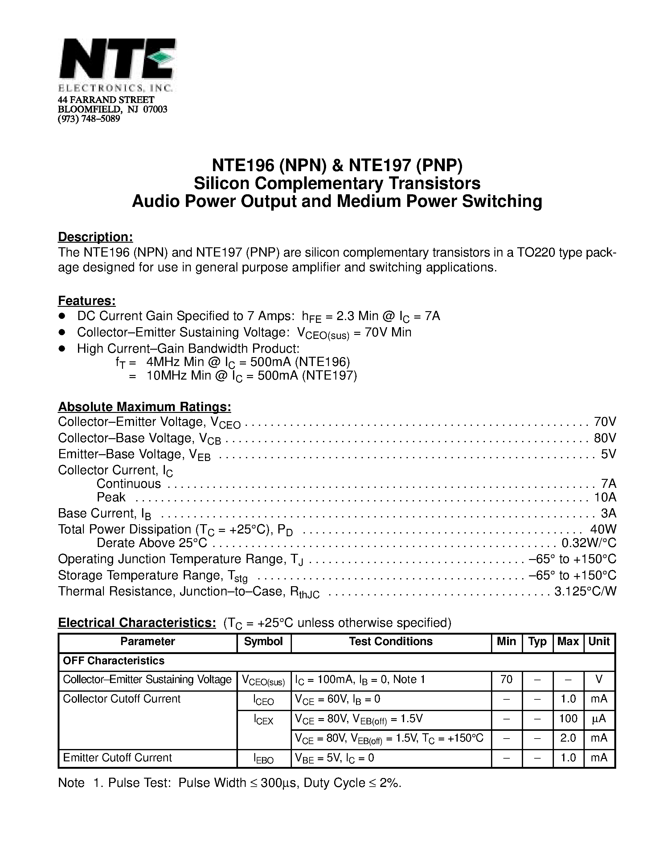 Datasheet NTE196 - Silicon Complementary Transistors Audio Power Output and Medium Power Switching page 1