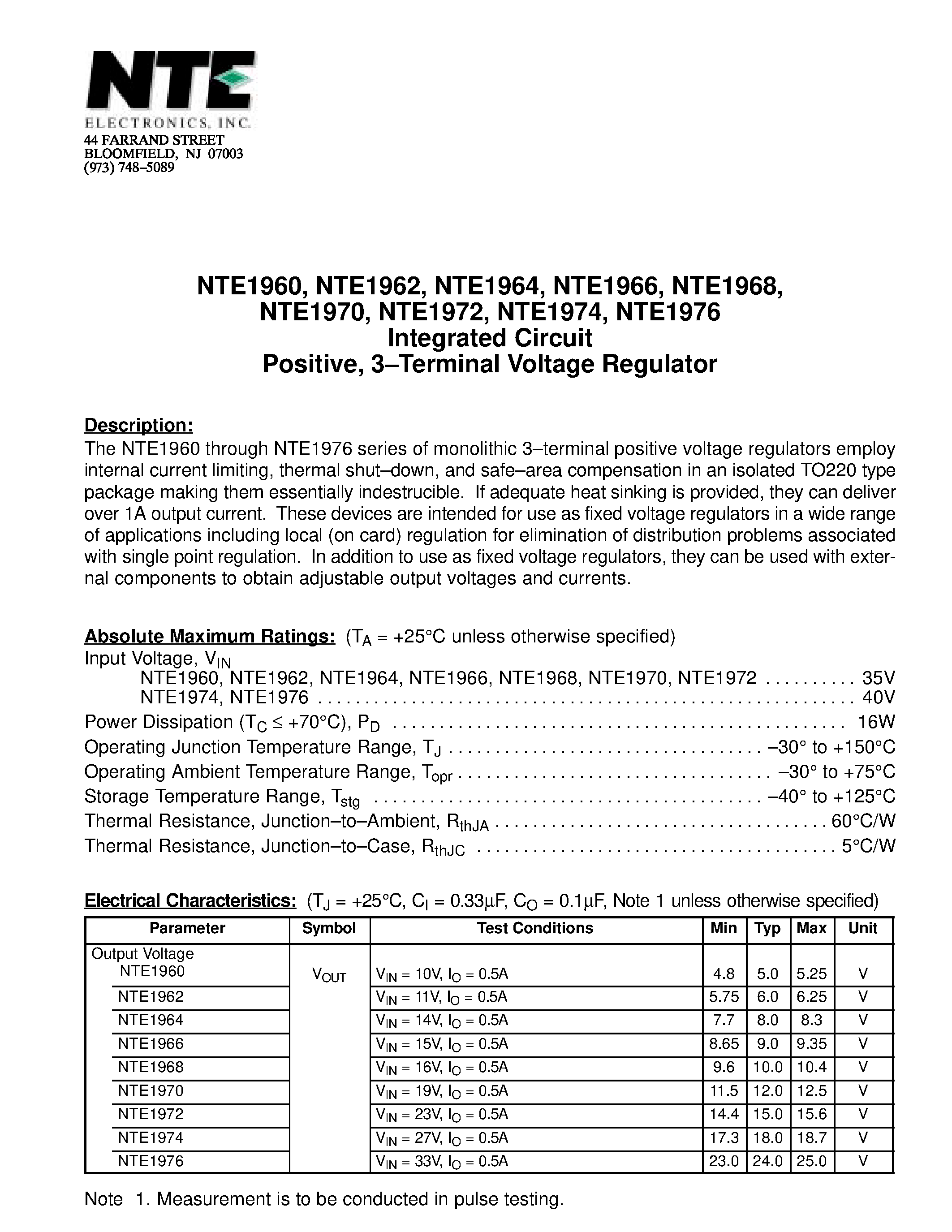 Datasheet NTE1962 - Integrated Circuit Positive / 3-Terminal Voltage Regulator page 1