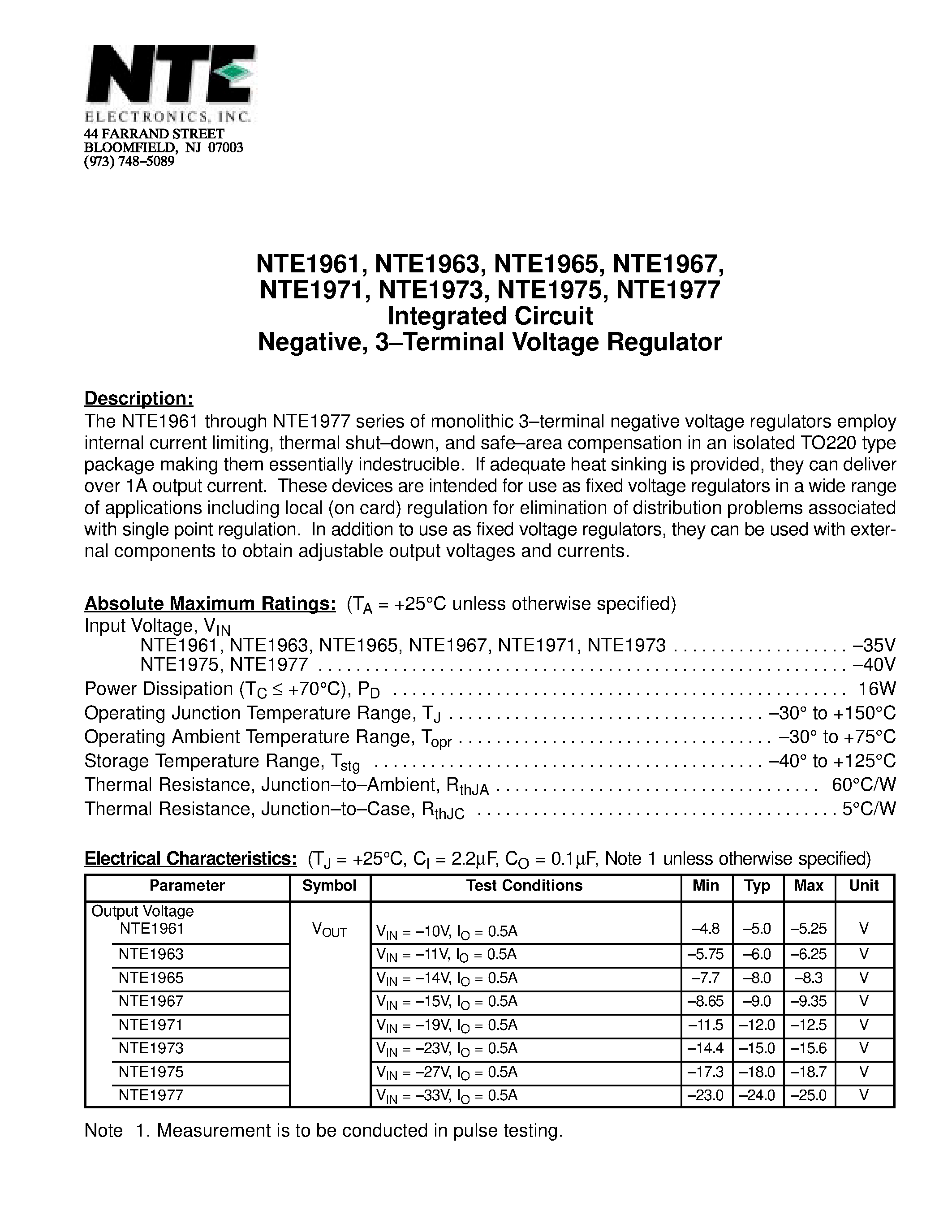 Datasheet NTE1967 page 1 Datasheet NTE1967 - Integrated Circuit Negative / 3-Terminal Voltage Regulator page 1