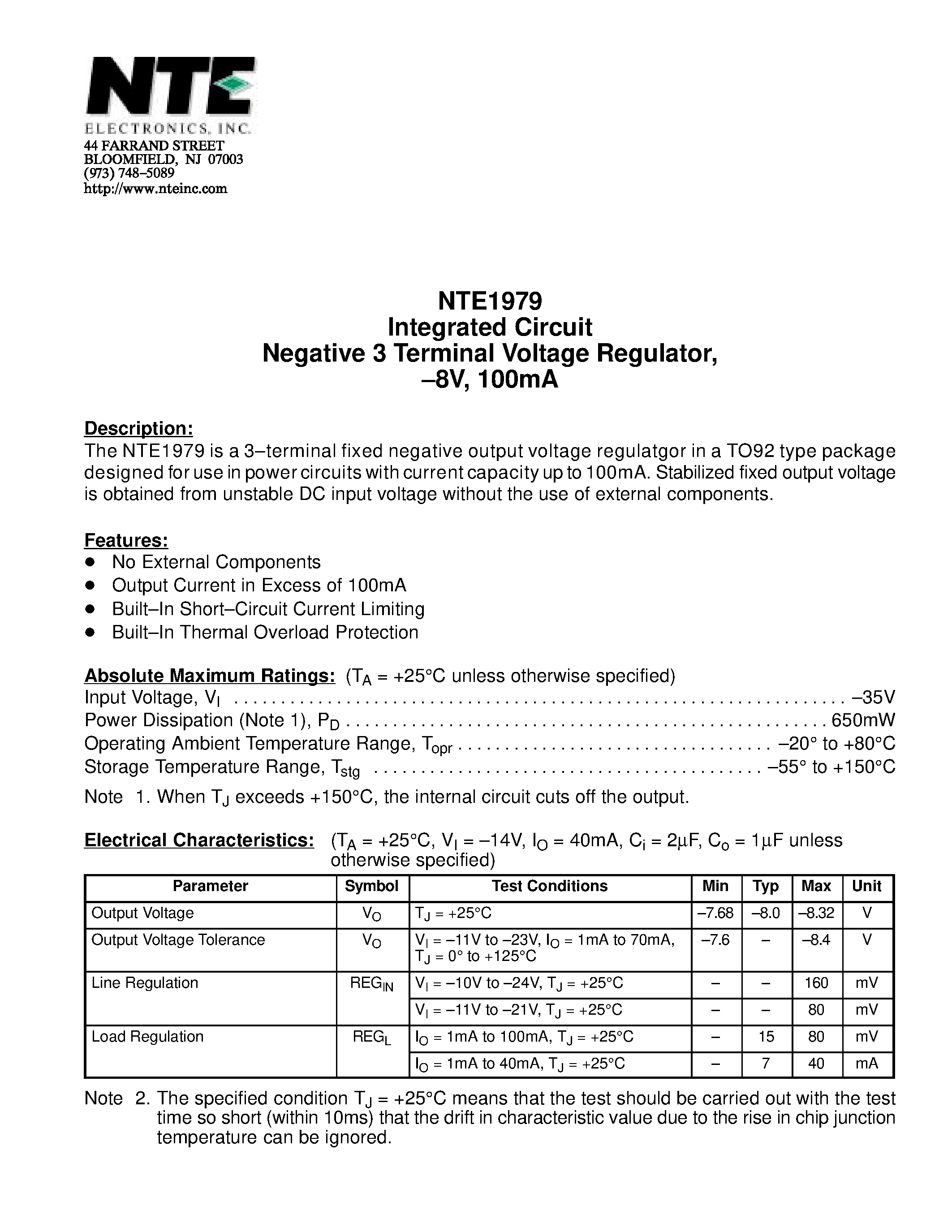 Datasheet NTE1979 page 1 Datasheet NTE1979 - Integrated Circuit Negative 3 Terminal Voltage Regulator / -8V / 100mA page 1