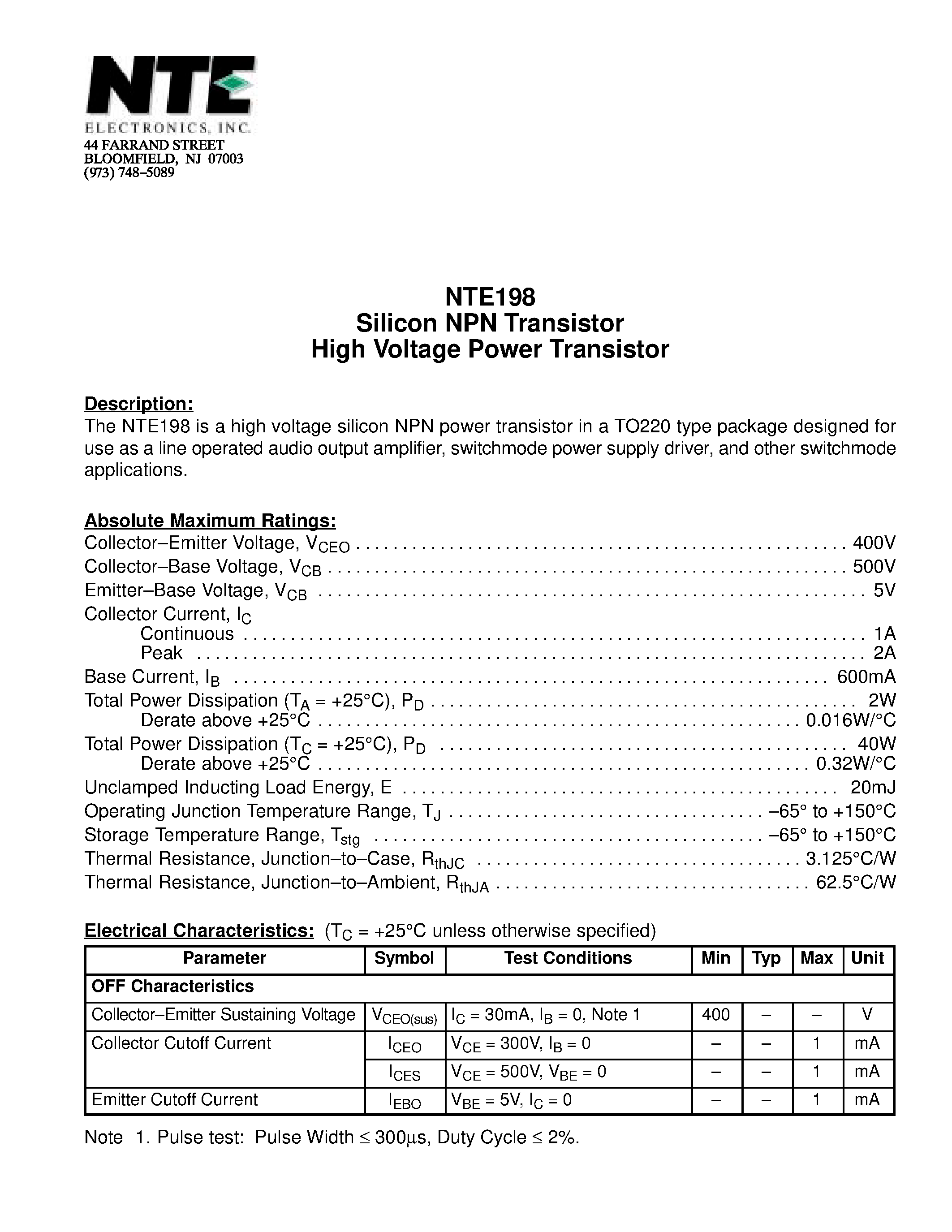 Datasheet NTE198 - Silicon NPN Transistor High Voltage Power Transistor page 1