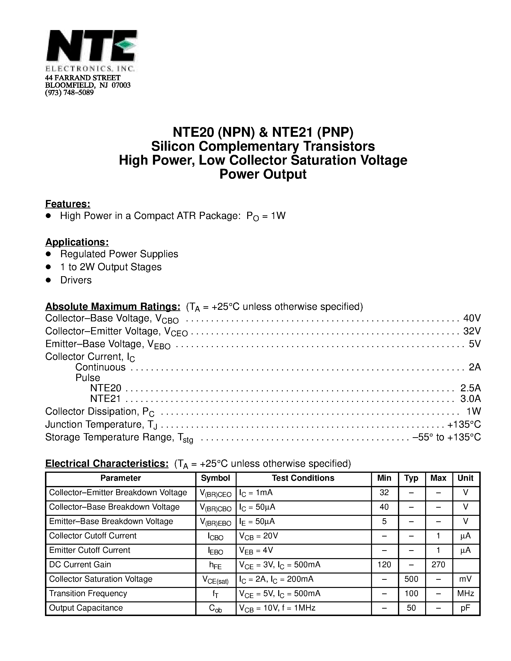 Datasheet NTE20 - Silicon Complementary Transistors High Power / Low Collector Saturation Voltage Power Output page 1