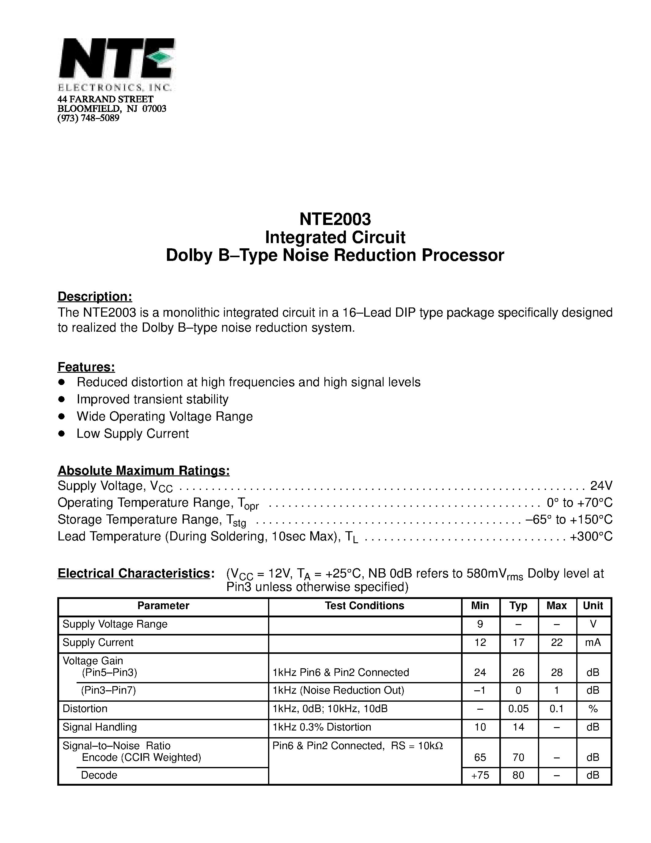 Datasheet NTE2003 page 1 Datasheet NTE2003 - Integrated Circuit Dolby B-Type Noise Reduction Processor page 1
