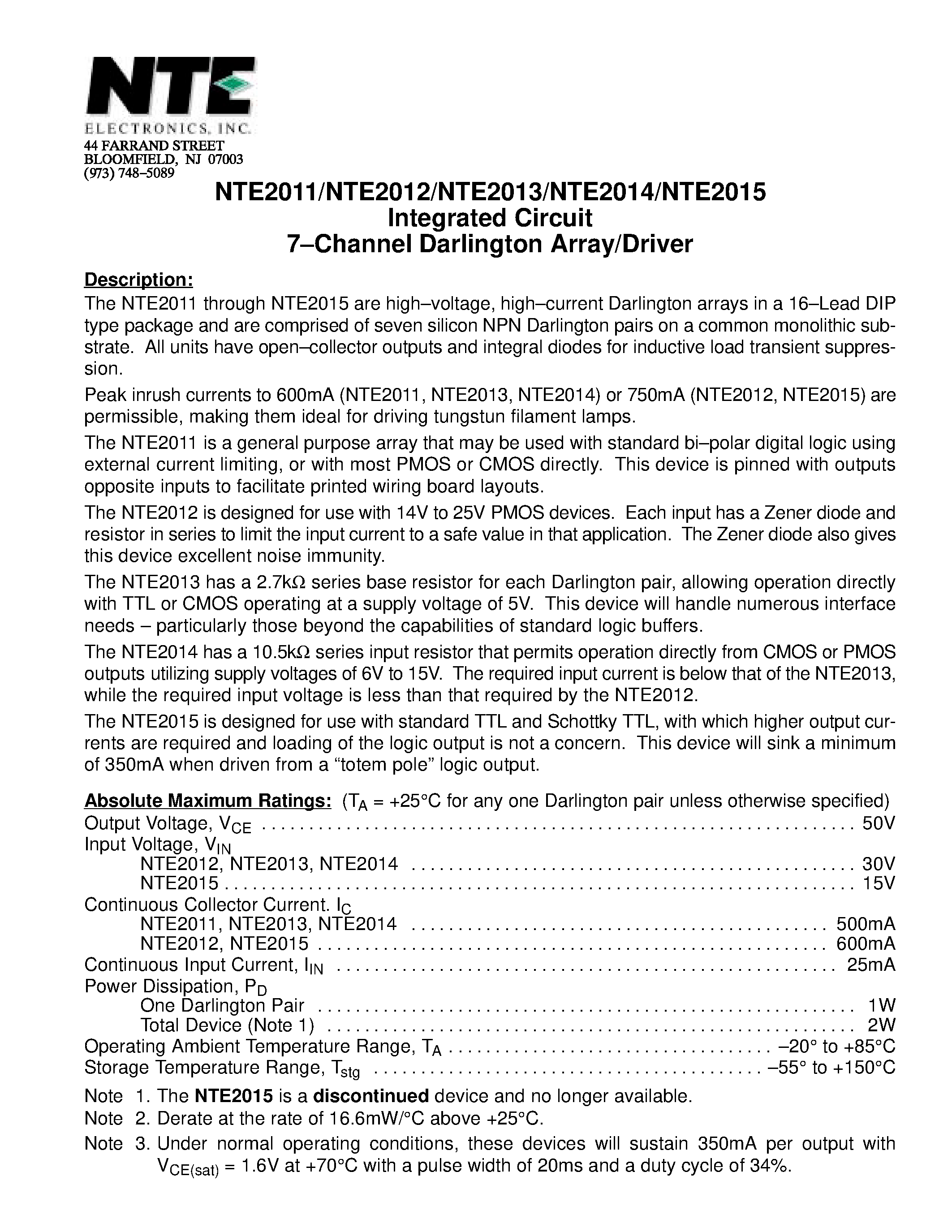 Даташит NTE2014 - Integrated Circuit 7-Channel Darlington Array/Driver страница 1