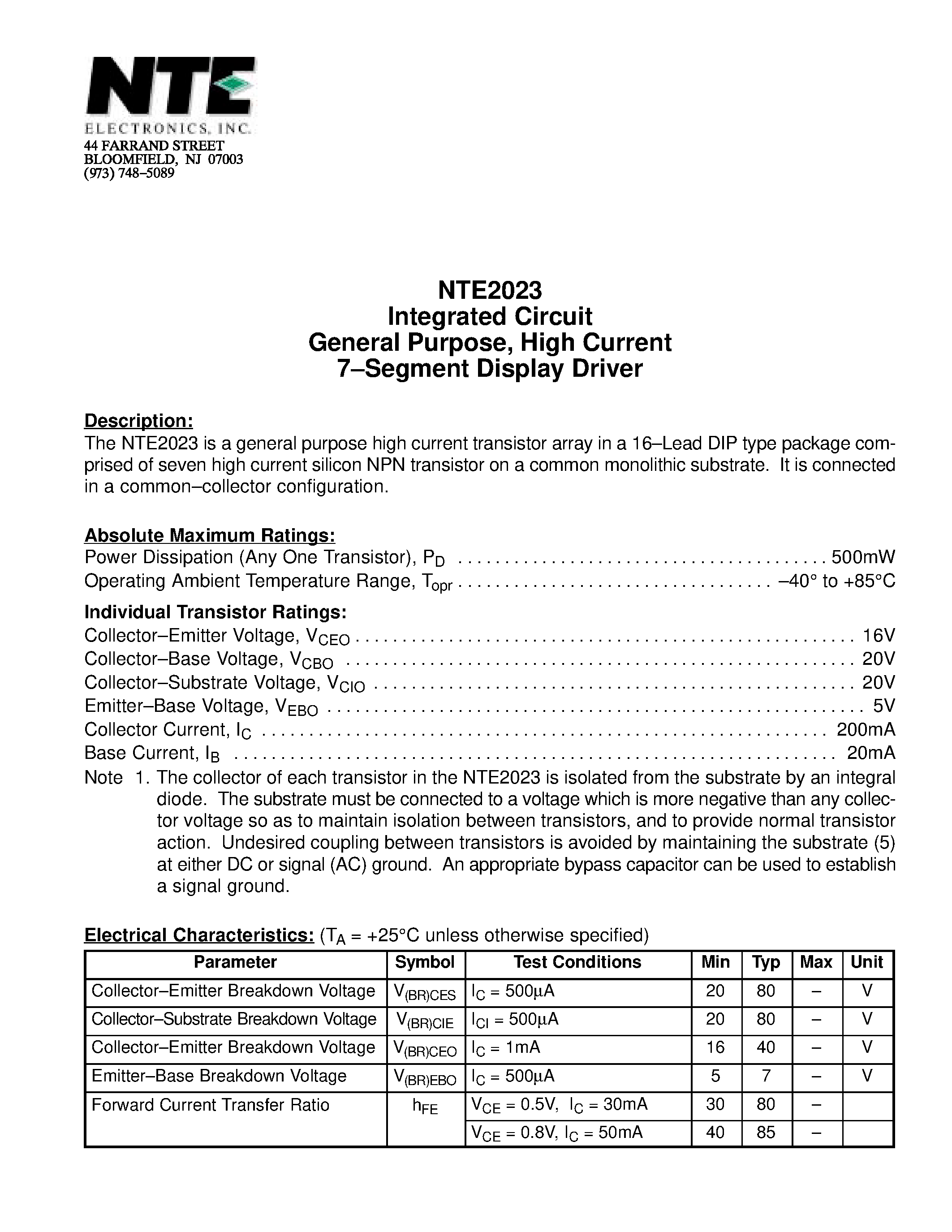 Даташит на микросхему NTE2023 страница 1 Даташит NTE2023 - Integrated Circuit General Purpose / High Current 7-Segment Display Driver страница 1