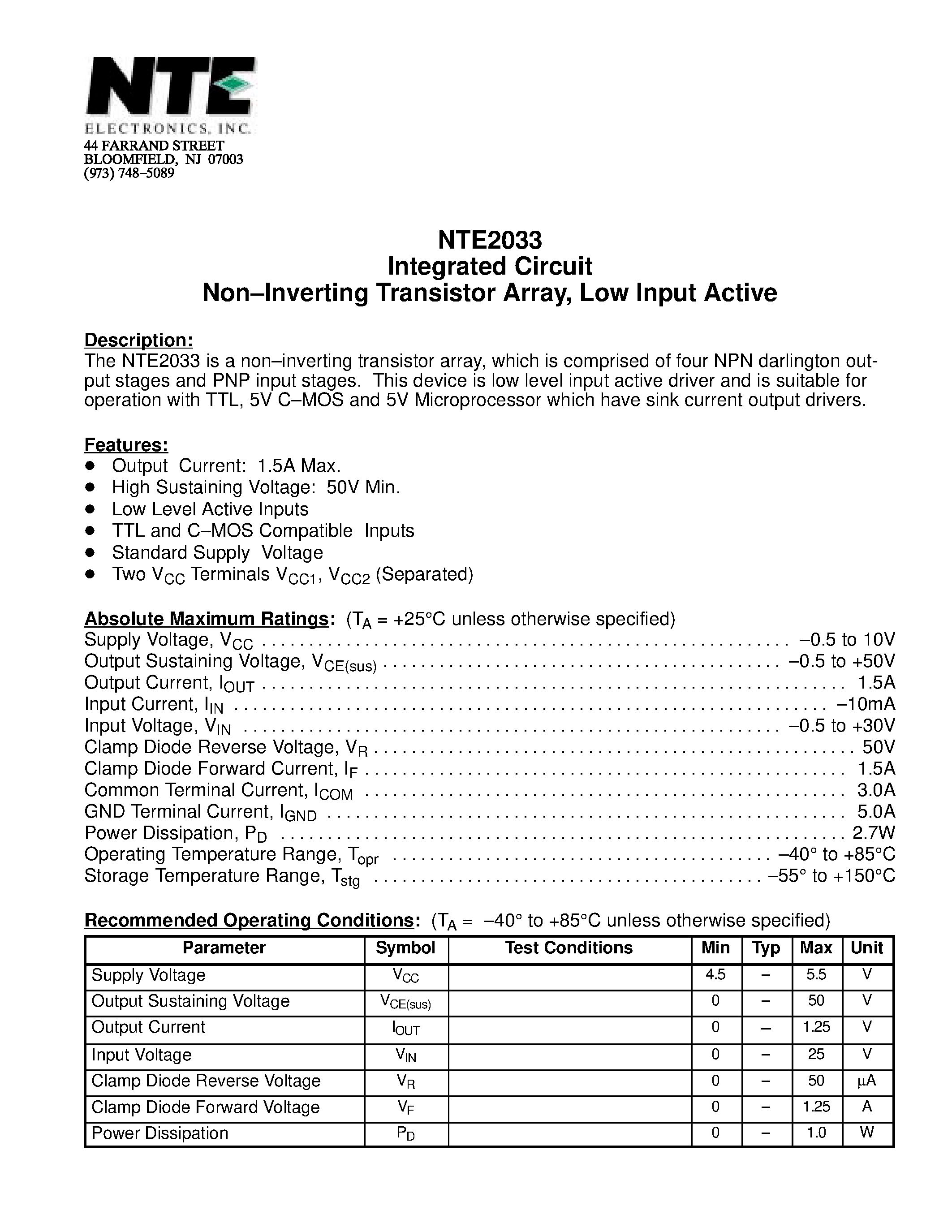 Даташит NTE2033 - Integrated Circuit Non-Inverting Transistor Array / Low Input Active страница 1